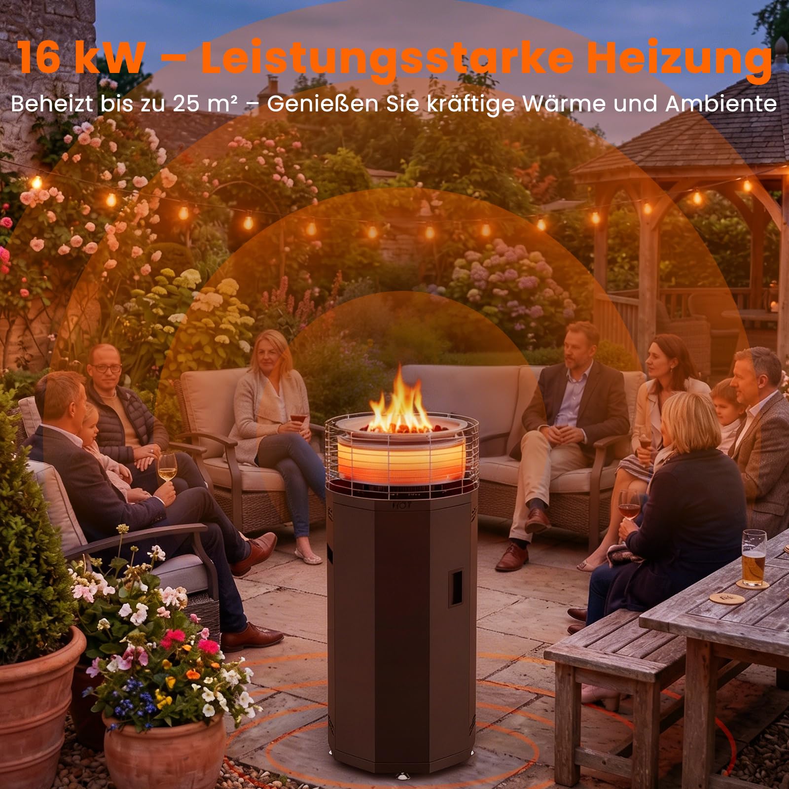 3-in-1 16kW Tragbarer Heizpilz Gas & Feuerrohr für Terrasse – Propangas Terrassenheizer & Feuersäule mit 3 Modi (Flamme/Wärme/Beides) - rauchfrei, Piezo-Zündung - Regler & Schlauch