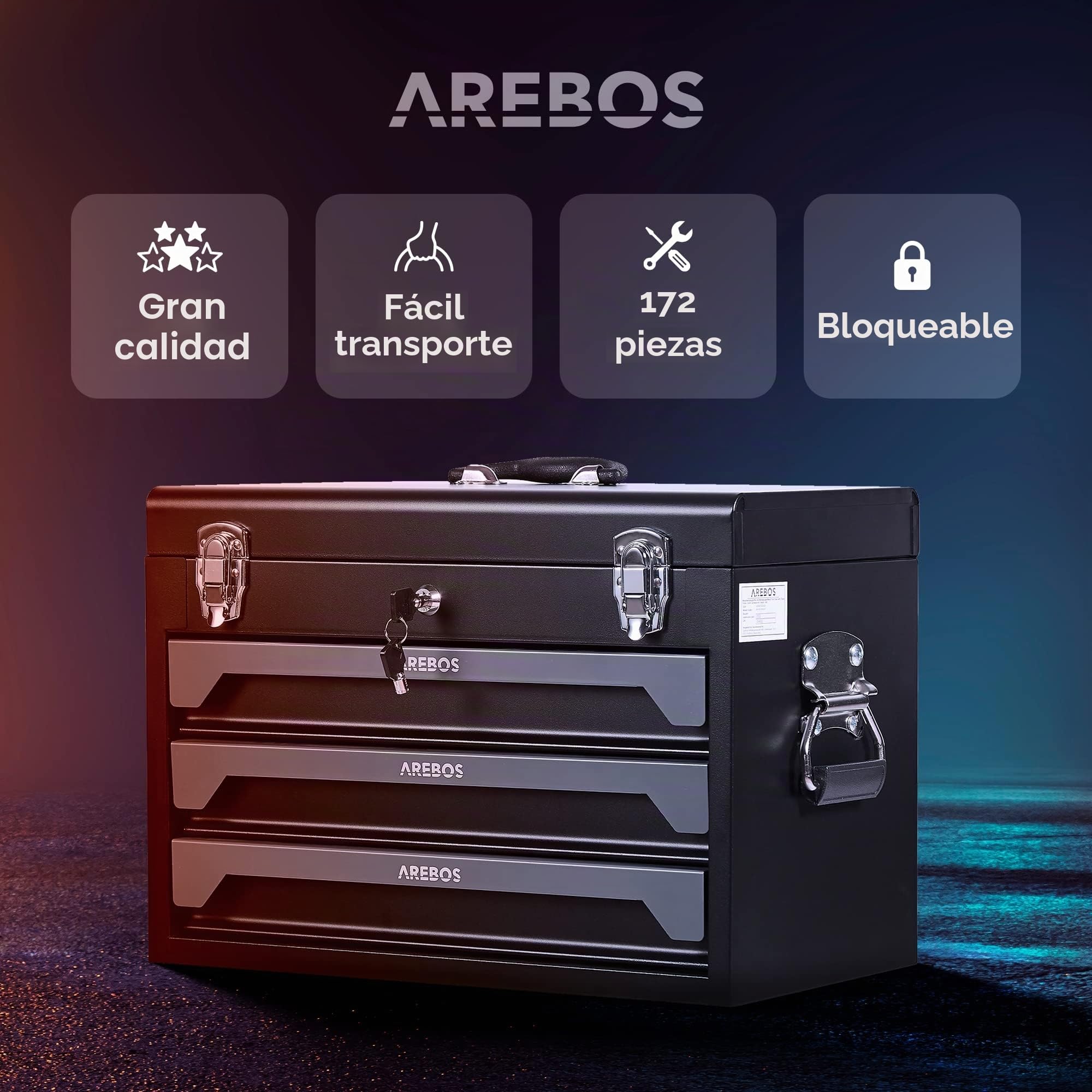 Arebos Caja de Herramientas Incl. Juego de Herramientas de 172 Piezas de Cromo vanadio | para el hogar, Garaje y Taller | Caja de Herramientas Equipada con 3 cajones | con Cerradura