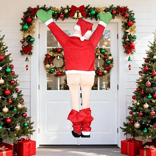 3.61FT Christmas Hanging Santa Claus, Climbing Santa with Pants Off, Funny Christmas Outdoor Decoration for Gutter or Roof/Chimney/Tree/Porch