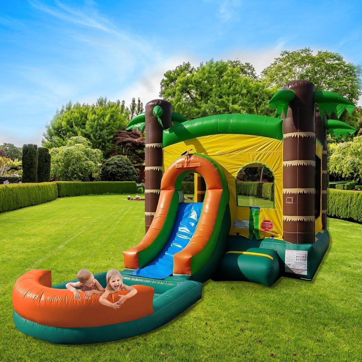 Bounce House with Inflatable Water Slide for Kids, Backyard Commerical Tropical Castle Outdoor Playhouse Bouncer with Splash Pool, Includes Blower, Anchor Stakes and Storage Bag, 26.5 x 12 x 14.5