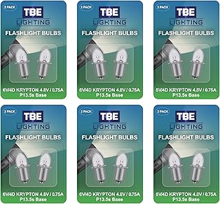 TBE LIGHTING 6 Volt / 4D 4.8 Volt, 0.75A Bayonet Base P13.5 Krypton Flashlight Bulbs, Pack of 12 Energy efficient Flashlight Krypton Bulbs to fit a Standard 4D Torches