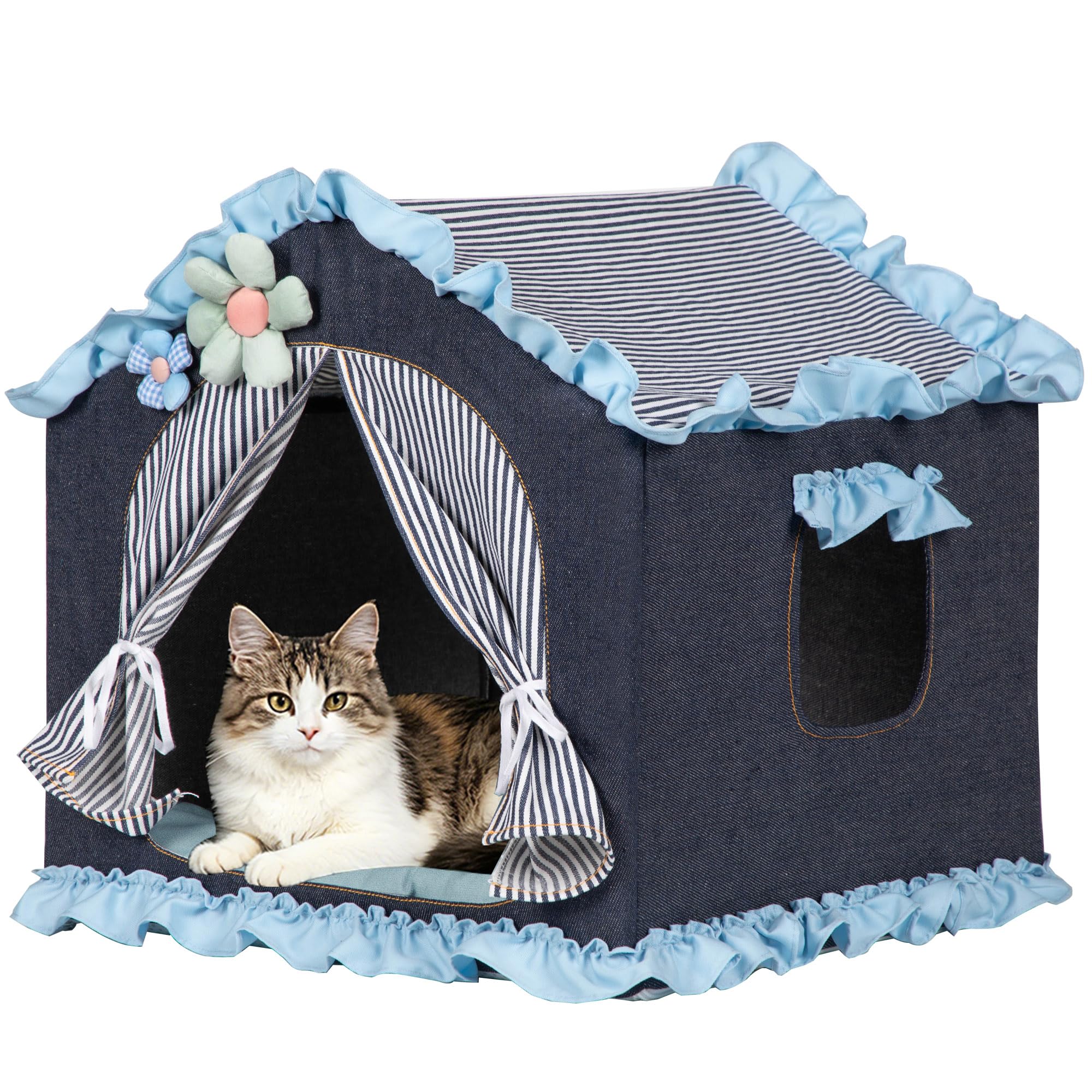 Amazon | デニム ブルー 屋内 猫 ハウス フレーム 折りたたみ式 通気性