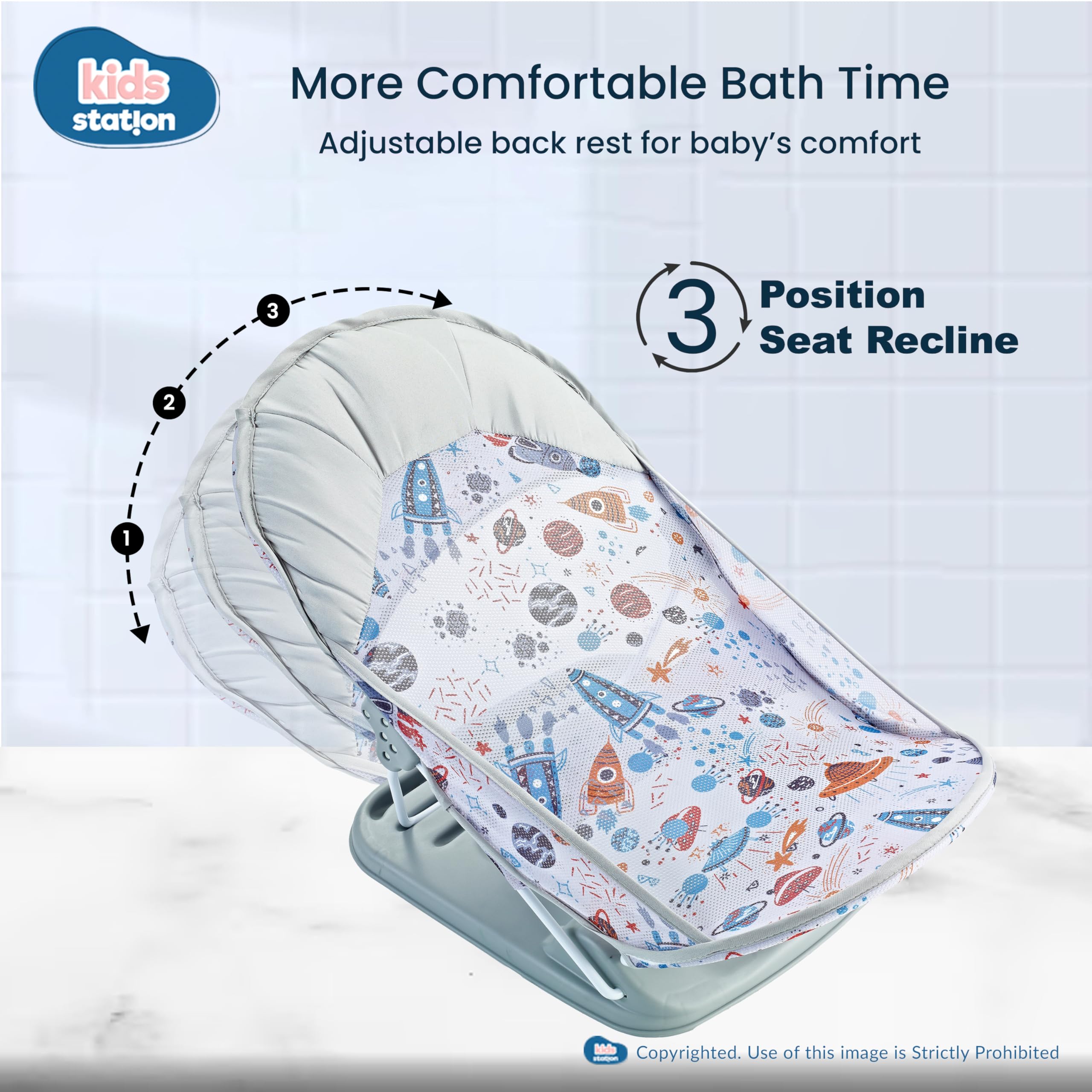 Kids Station Newborn Baby Bather | Bath Chair for Newborns and Infants 0-12 Months | Foldable | 3 Position Adjustable Chair | Anti Skid Base | Washable Soft Mesh Seat | for Babies Upto 5Kg (Grey) - Image 3 thumbnail