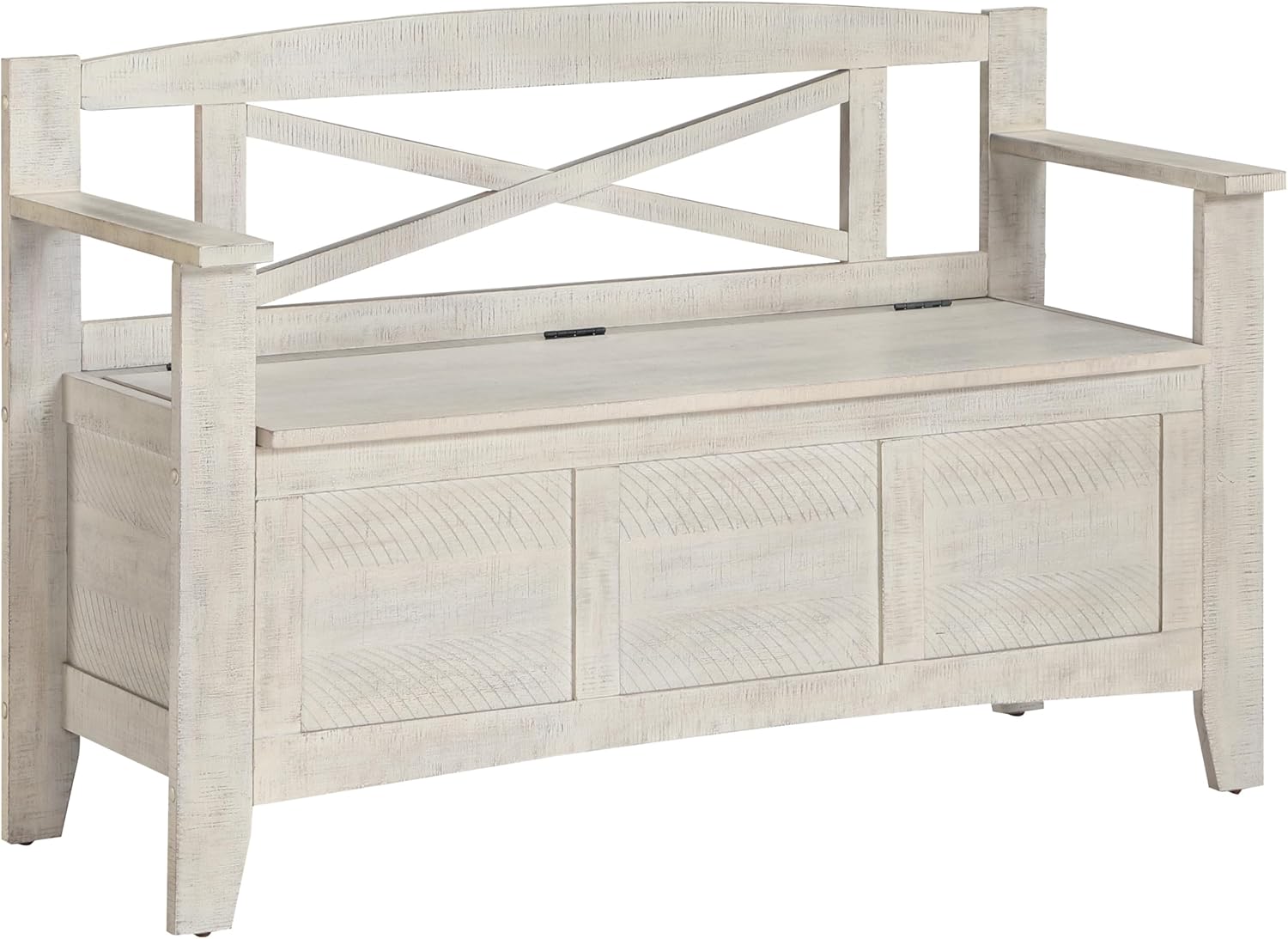 OSP Home Furnishings Metro Entry Way Storage Bench with X-Back, Distressed White Finish