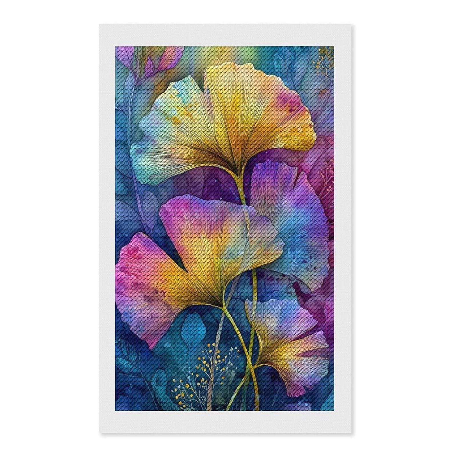 Junmoney Colorful Ginkgo Leaves Watercolor Painting Diamond Painting Canvas Set 12"x20", Full Kit Included, Calming Craft to Unwind, Farmhouse Decor, Christmas Gift