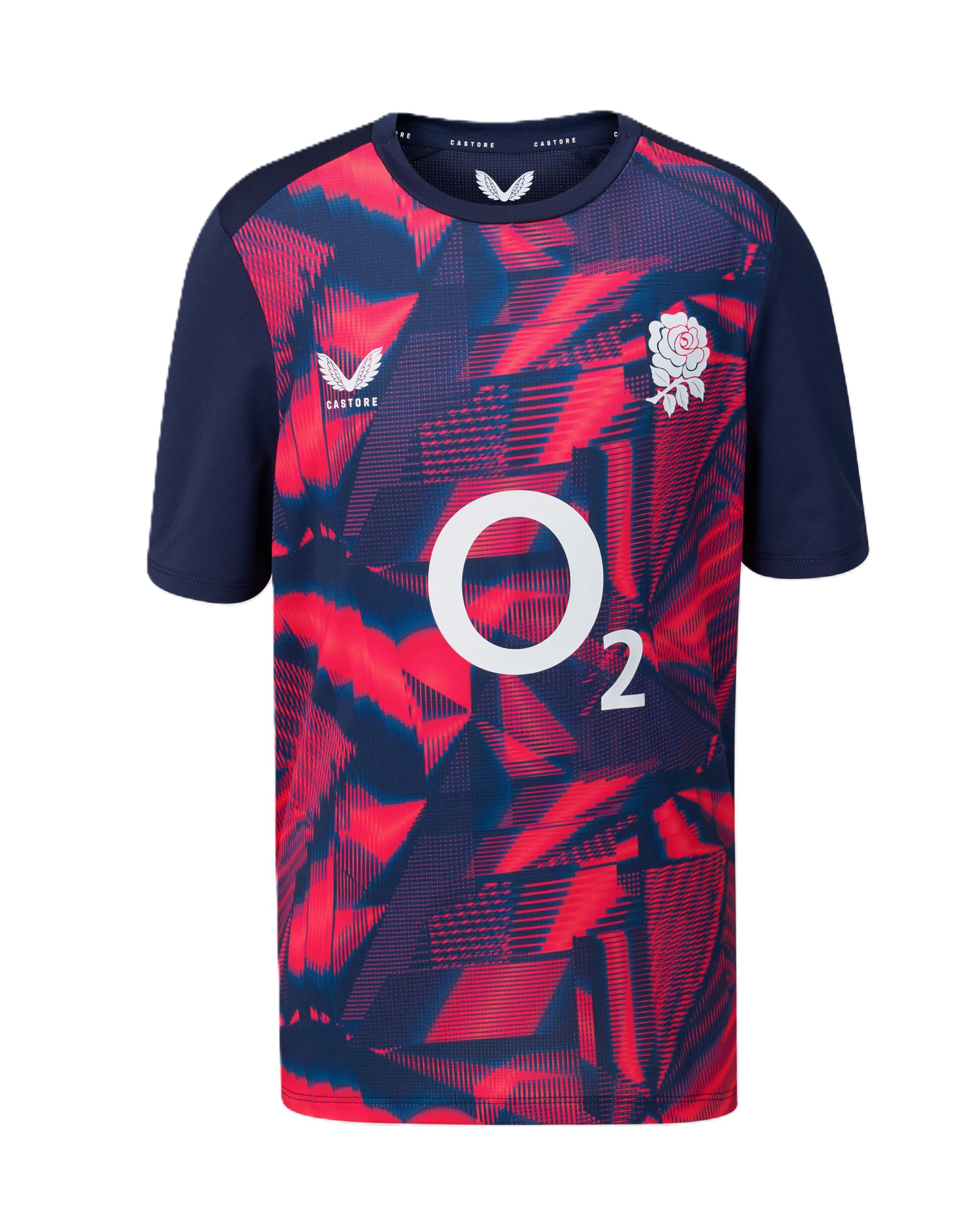 Castore England Rugby Unisex Pre Match Short Sleeve Jersey, Peacoat/Dive Pink, 9 Years
