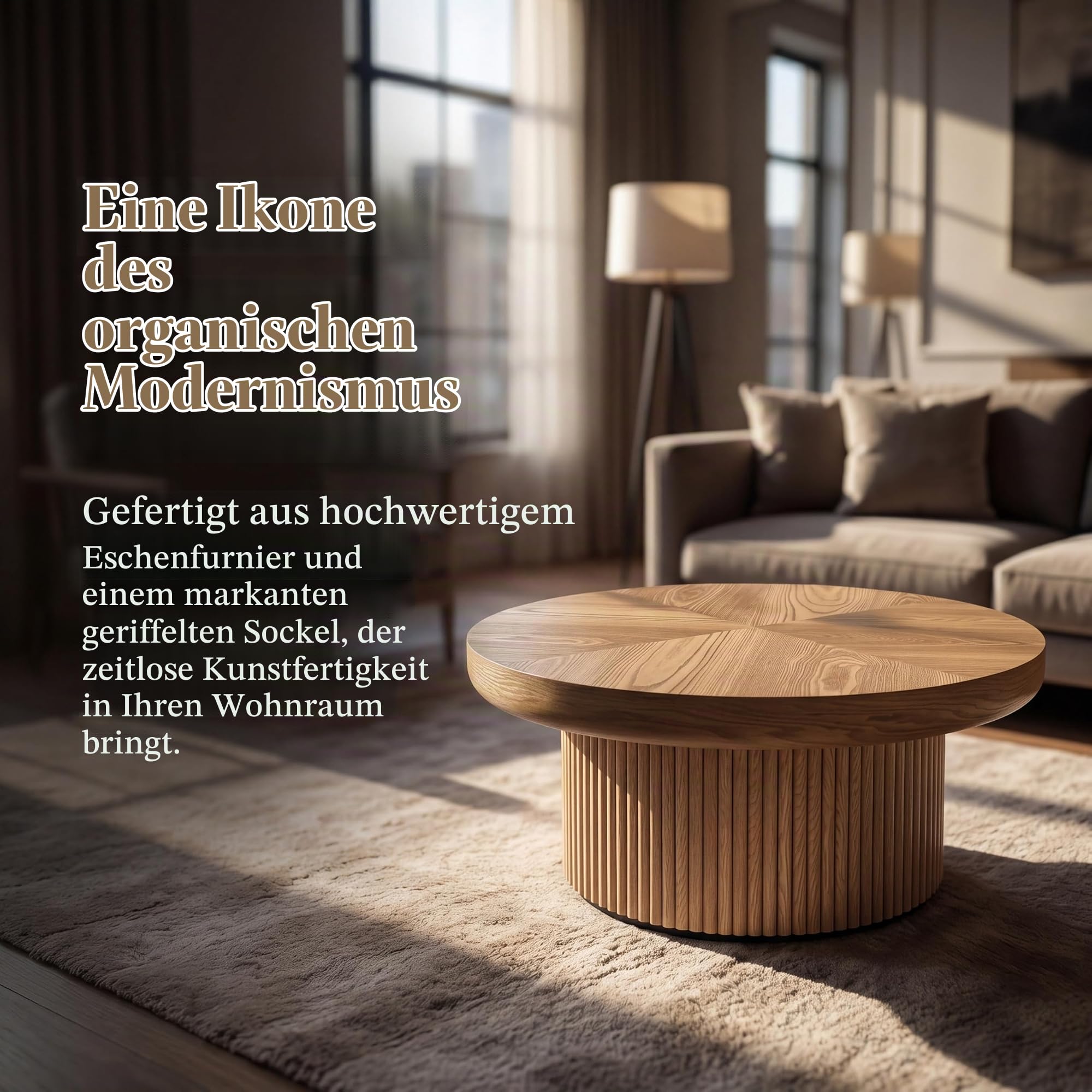 Couchtisch mit Parquet Pattern Top, Modern Round CoffeeTable,78cm | Fluted Design,Kid & Pet Friendly