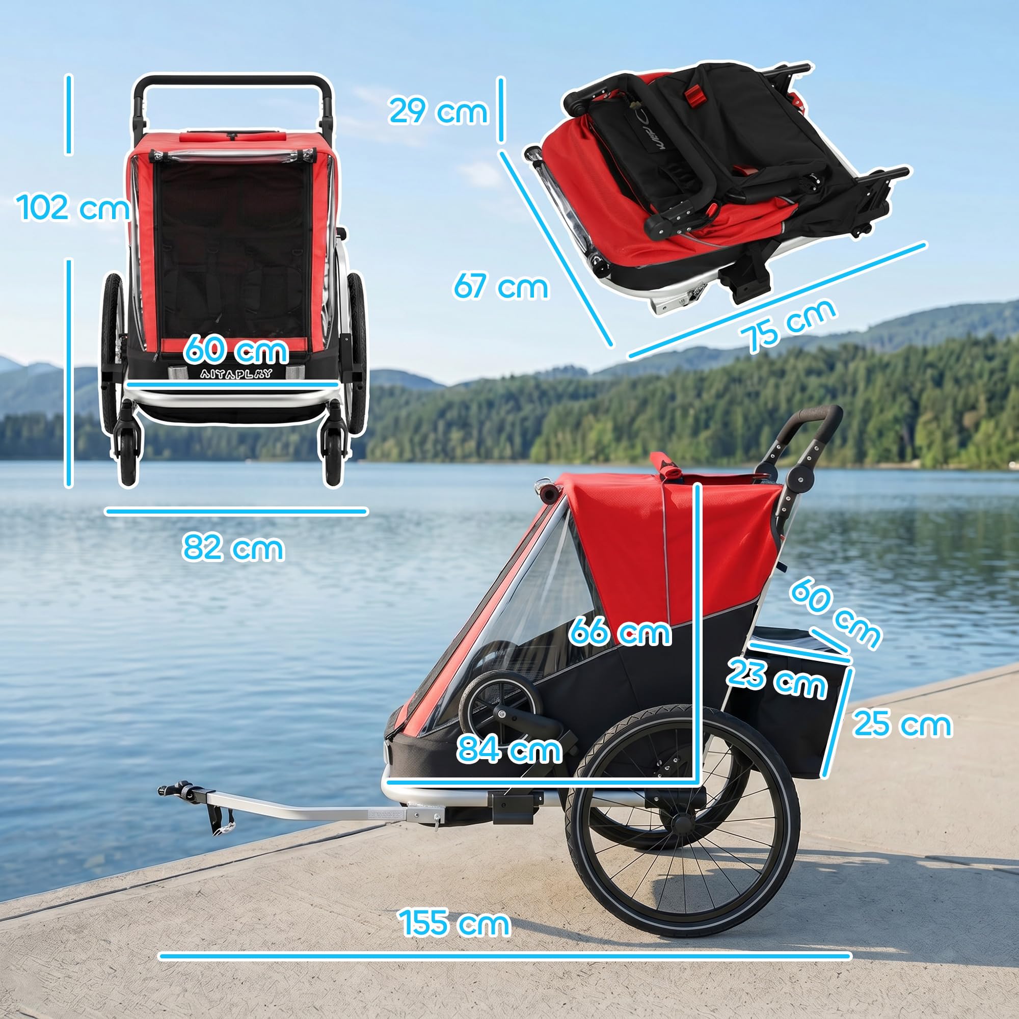 AIYAPLAY Rimorchio per bicicletta e passeggino 2 in 1, 2 posti, pieghevole, con cintura a 5 punti, bandiera di sicurezza, per bambini a partire dai 12 mesi, massimo 18 kg