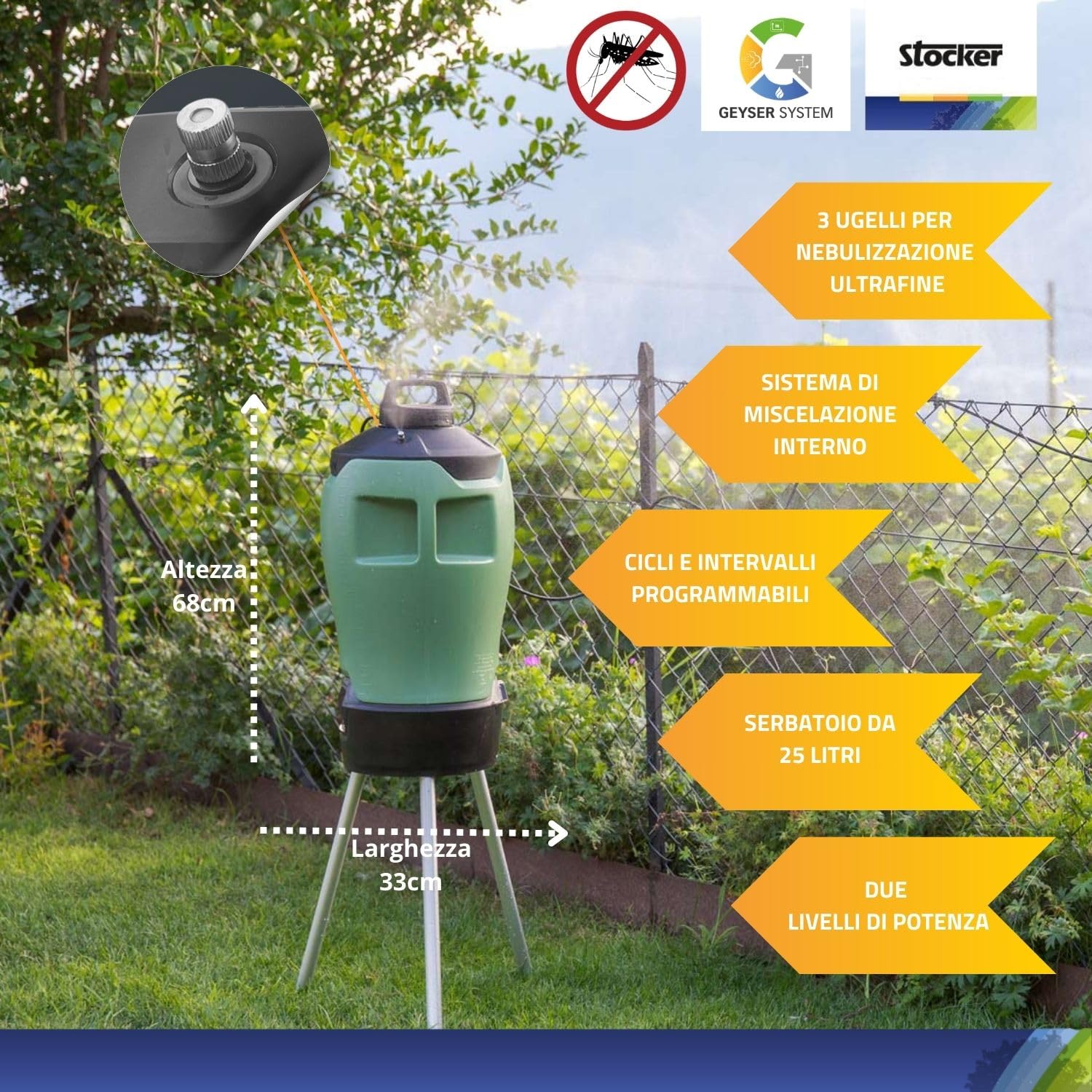 STOCKER - Geyser Nebulizzatore 25 L MI 21 V - Kit Completo Anti-Zanzare con Batteria Li-Ion 21V, Serbatoio 25L e 100 m di Tubo - Copertura fino a 400 mq - Sistema di Miscelazione Interna