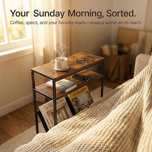Miniatura 6 de Mesa auxiliar estrecha industrial, mesa auxiliar delgada de 7 pulgadas de ancho con soporte para revistas, mesita de noche delgada marrón rústico