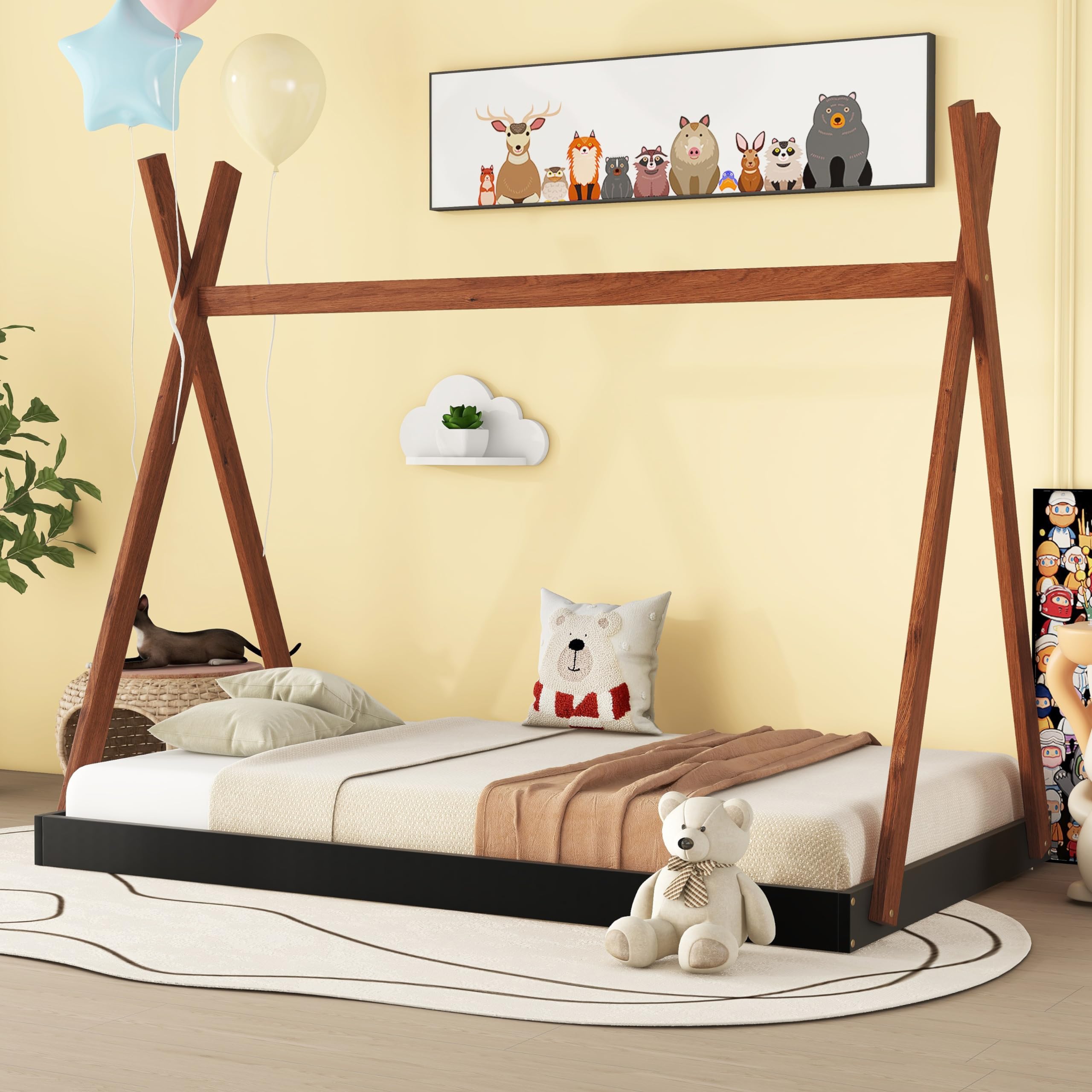 Bellemave Twin Size Tent Floor Bed Frame with Triangle Structure, Teepee Bed Platform Bed for Kids,Montessori Floor Bed for Girls Boys(Twin,Black+Brown)