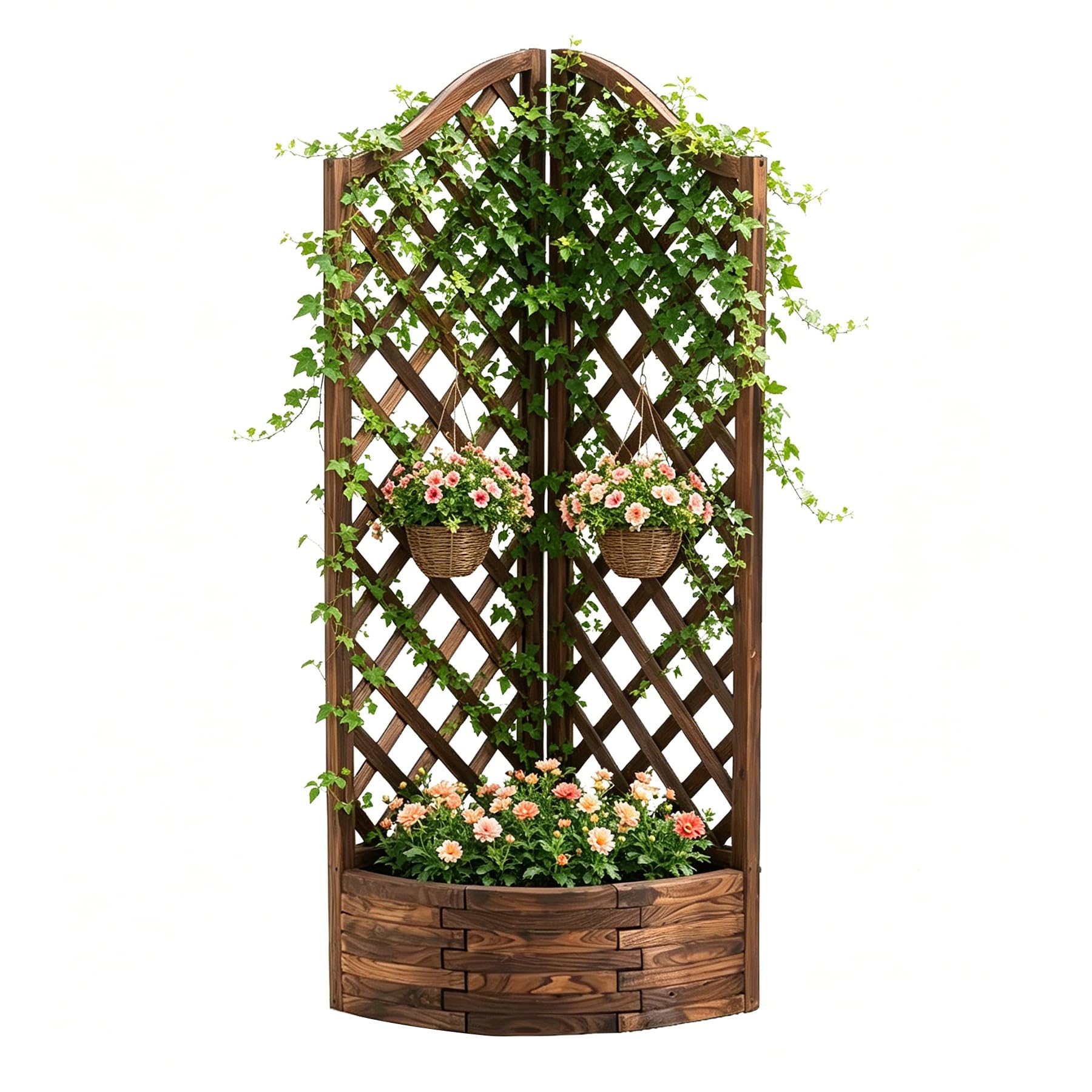 Fioriera con Traliccio 67x45x150cm, Aiuola Rialzata in Legno Carbonizzato, Porta fiori con Grigliato, Supporto per Piante Rampicanti, Porta Piante da Esterno per Giardino, Balcone