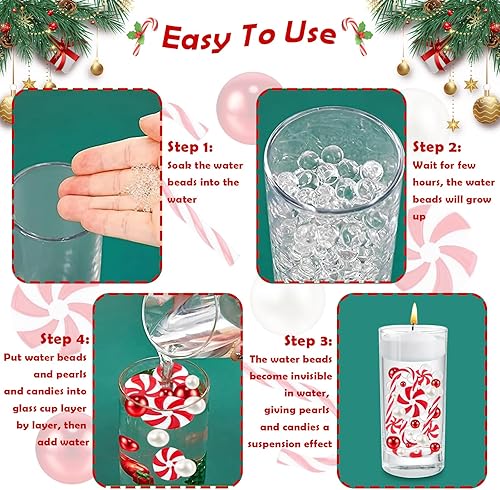 Miniatura 6 de SelfTek 6129 piezas de relleno de jarrón de Navidad, cuentas de relleno de jarrón de bastón de caramelo blanco y rojo, perlas flotantes de gel de