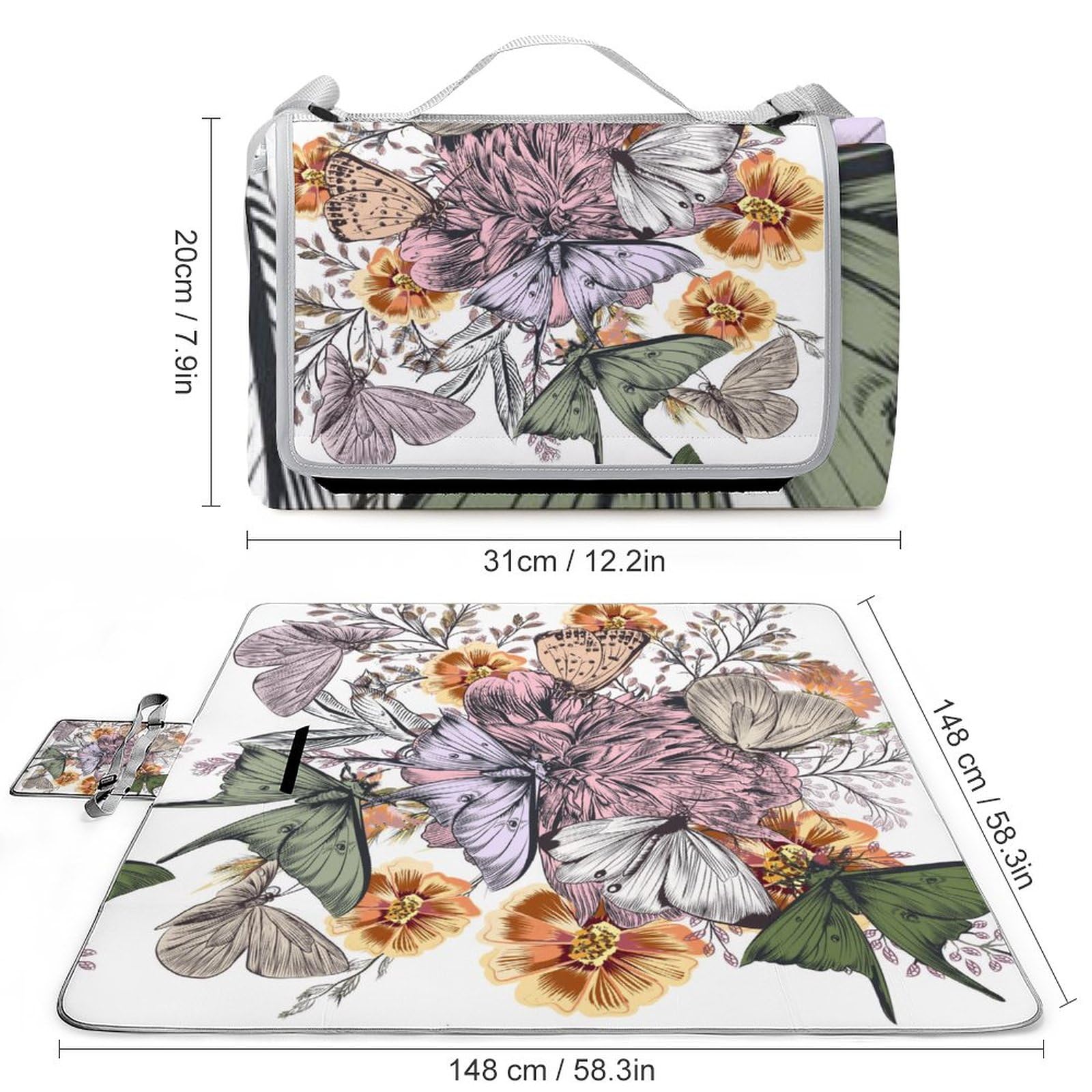 Butterfly Floral Pattern Picnic Blanket Waterproof Foldable, Large Outdoor Picnic Blanket Beach Blankets Camping Blanket Travel Mat, Shoulder Strap Tote, Rectangle 58x58in