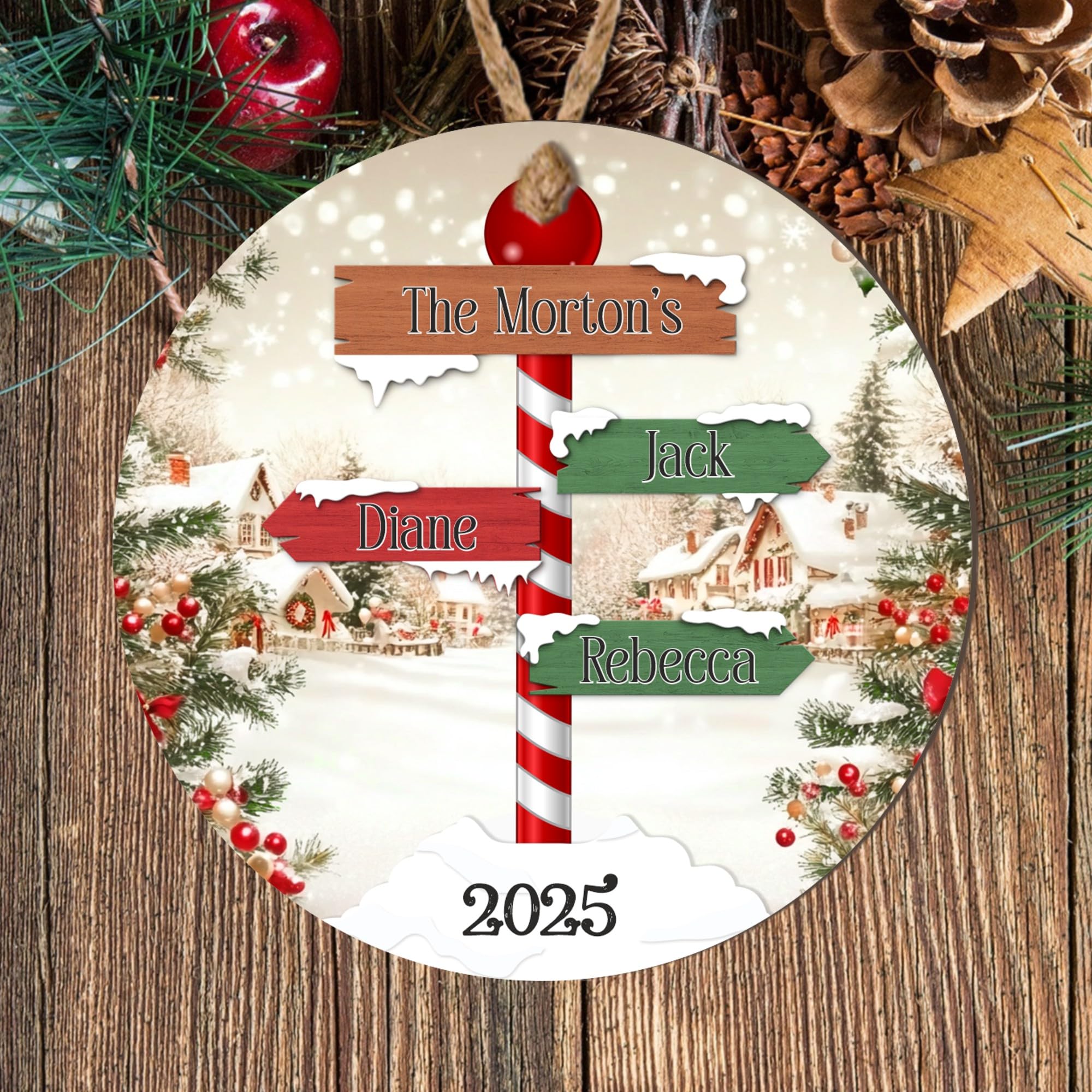 Personalised Winter Family Signpost Hanging Tree Decoration - Custom Children's Names Round Bauble with Snowy Scene for Family Keepsake Gifts (3 Sign posts, MDF Wood - Indoor Use Only)