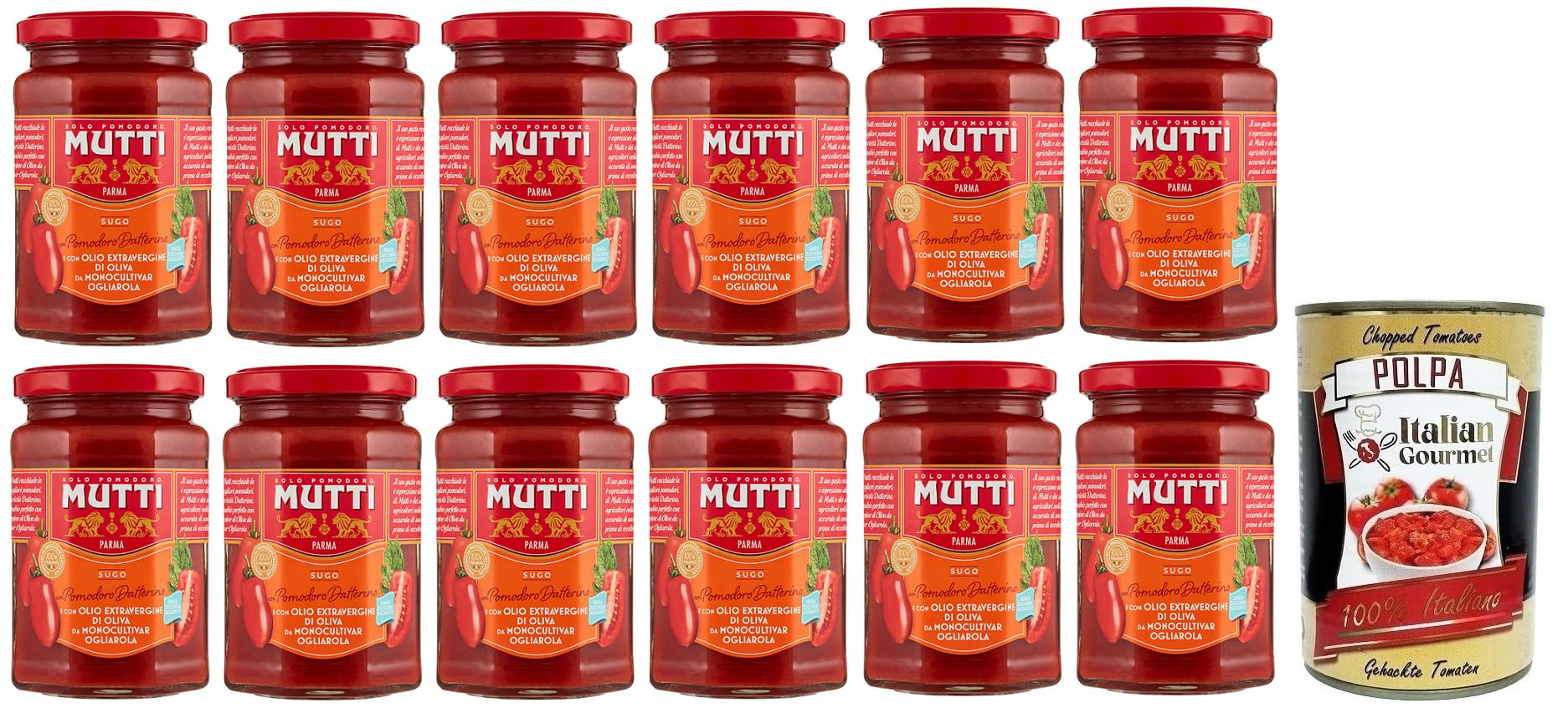 Mutti Sugo Con Pomodoro Datterino - Salsa con tomate y aceite de oliva virgen extra, salsa italiana de tomate 280 g + lata italiana gourmet Polpa di Pomodoro de 400 g