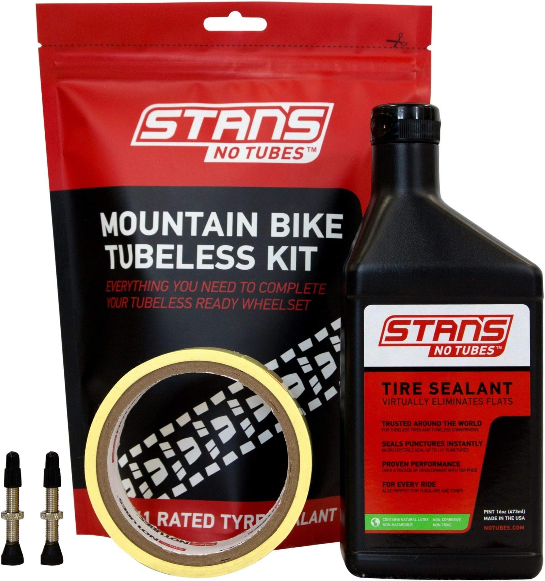 Stan's NoTubes - Mountain Bike Tubeless Set Up Kit Includes 10yd x 27mm Rim Tape, 35mm Brass Valves with Removable Valve Core & Pint (473ml) of Sealant