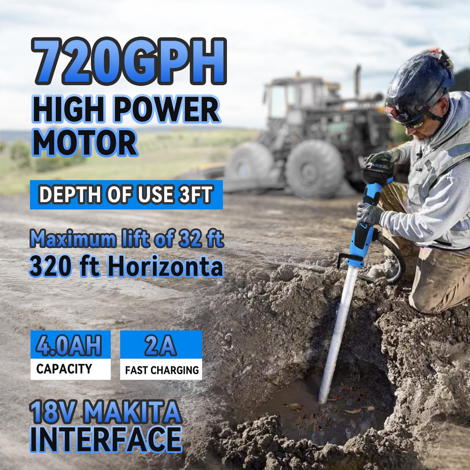 Cordless Stick Water Transfer Pump, 720GPH/32FT Head, Included 4000mAh 21V Battery & 2A Fast Charger, Compatible with 18V Makita Battery for Garden, Pool, RV, Boat, Deep Well Draining