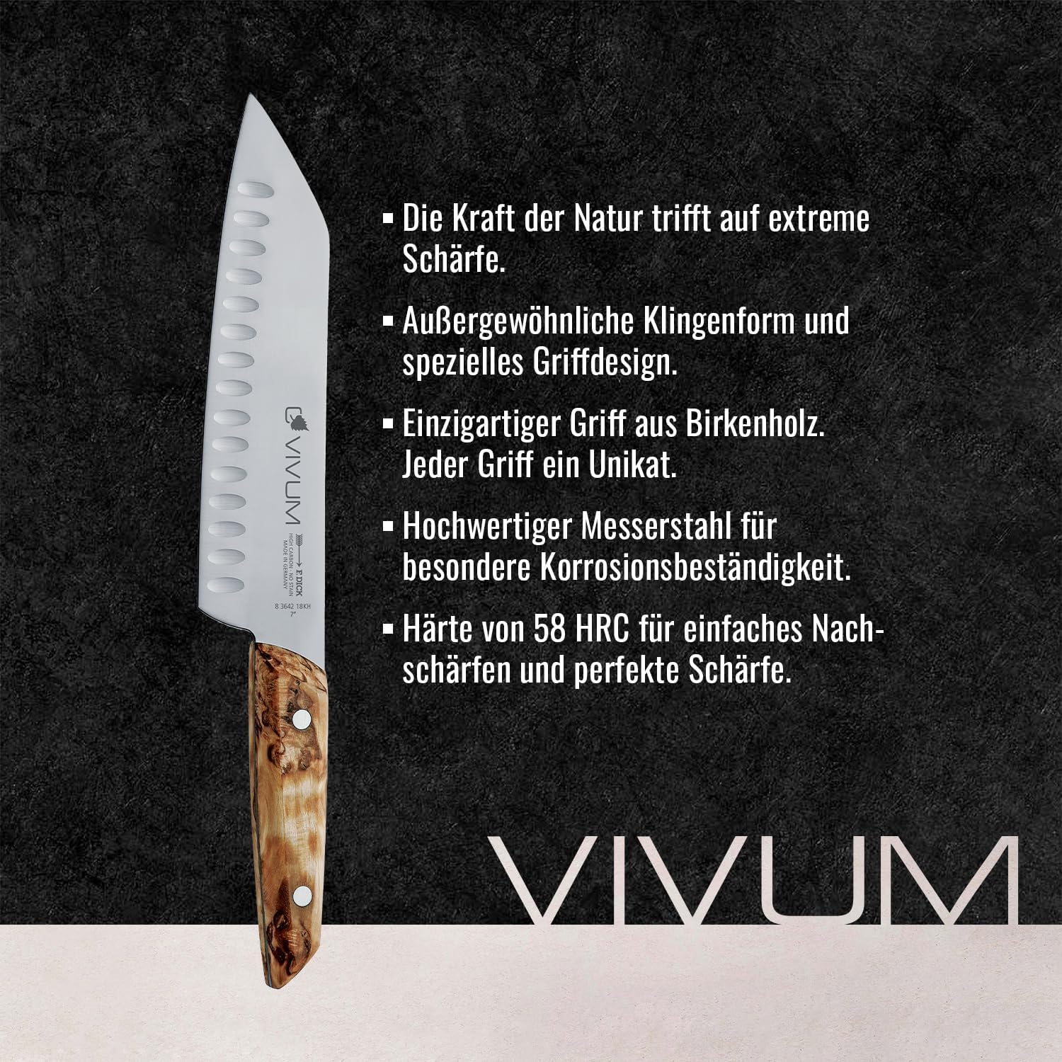 F. DICK Santoku VIVUM 18 cm - rostfrei, Klinge extra scharf, 58 HRC, Kullenschliff Kochmesser Birkenholz Designgriff komfortabel - Spezialstahl Küchenmesser - Profi Messer Made in Germany - 83642182KH