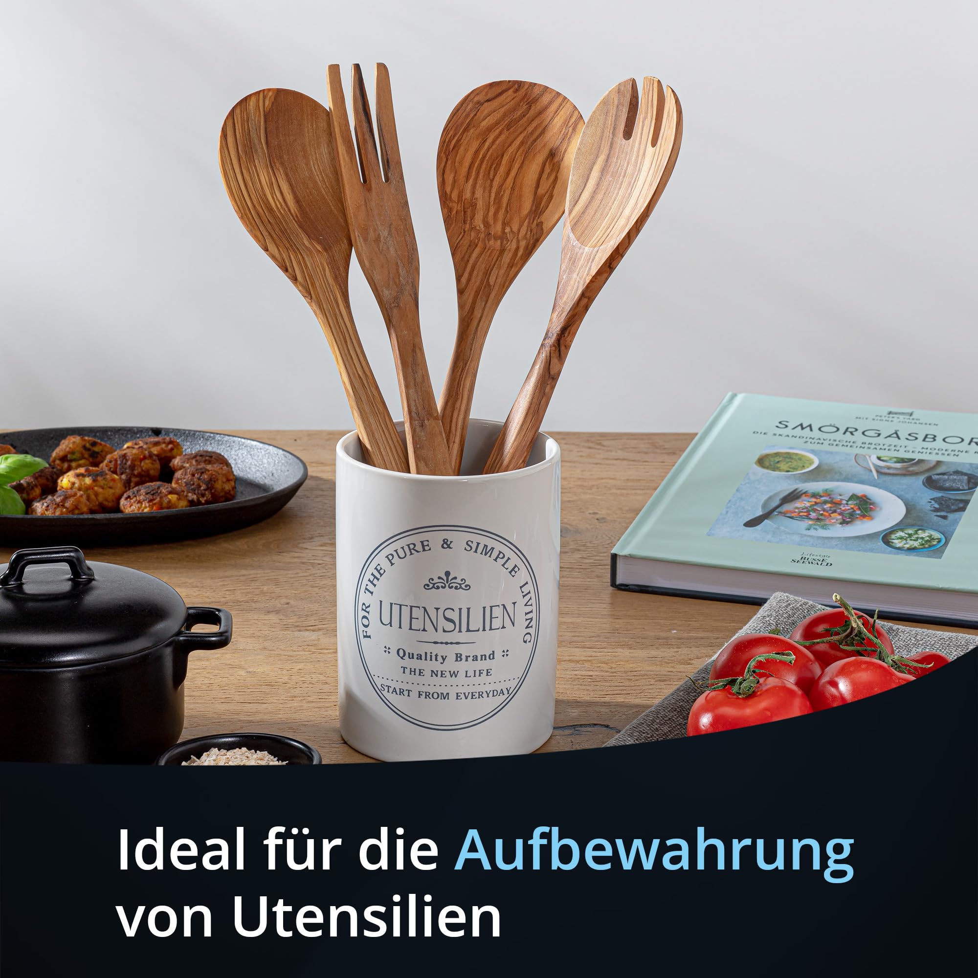 KHG Utensilienhalter Keramik Steingut Weiß, Behälter für ca. 8 Küchenutensilien & Kochlöffel, Oberfläche glänzend glasiert Emaille, BPA-frei, beschriftet, Durchmesser 10 cm, Höhe 14 cm