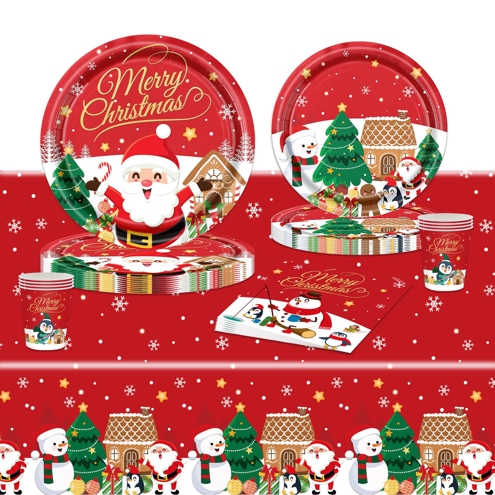 POPOYU 69Pcs Red Christmas Party Paper Tableware Set, Santa Claus Dinnerware Set with Tablecloth, Napkins, Paper Plates, Cups for Christmas Eve Table Decoration, Home Party Supplies (16 Guests) โ image 1