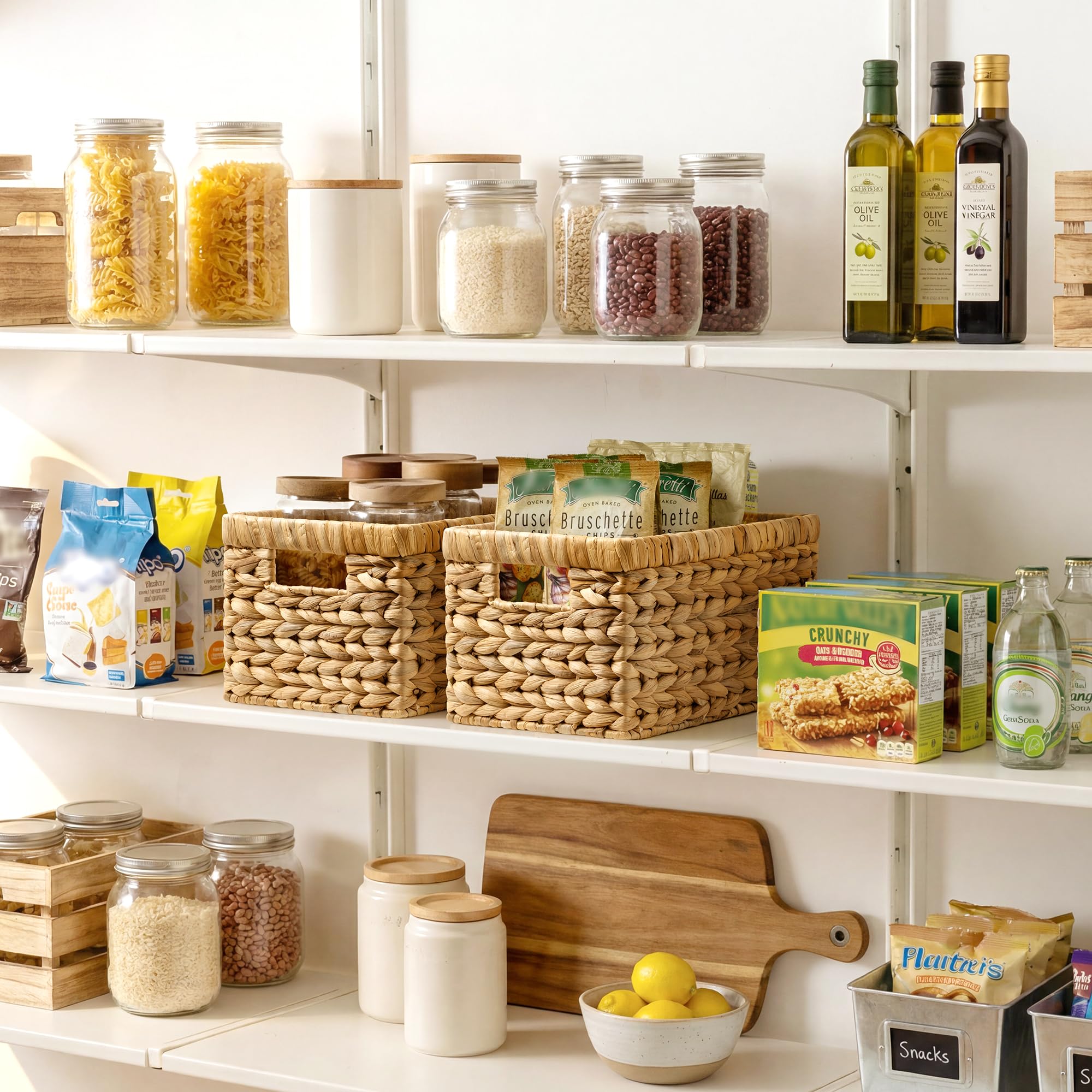 Condition photo showing As Is for storageworks wicker storage baskets for shelves, large shelf baskets with handles, rectangular wicker storage boxes, woven basket for organising pantry bathroom, natural water hyacinth