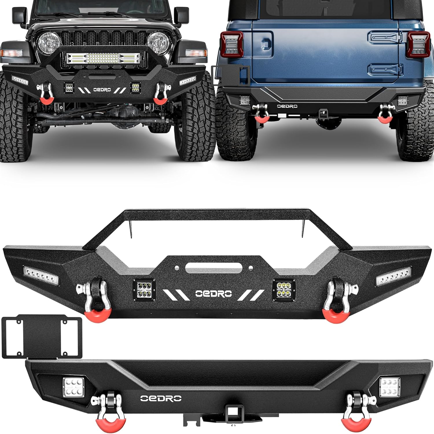 OEDRO Front and Rear Bumper, Compatible for 2018-2025 Jeep Wrangler JL, Rock Crawler Bumper w/Winch Plate Mounting & Hitch Receiver & LED Lights & D-Rings (ONLY Fit JL) Front & Black Rear Bumper w/License Plate Bracket