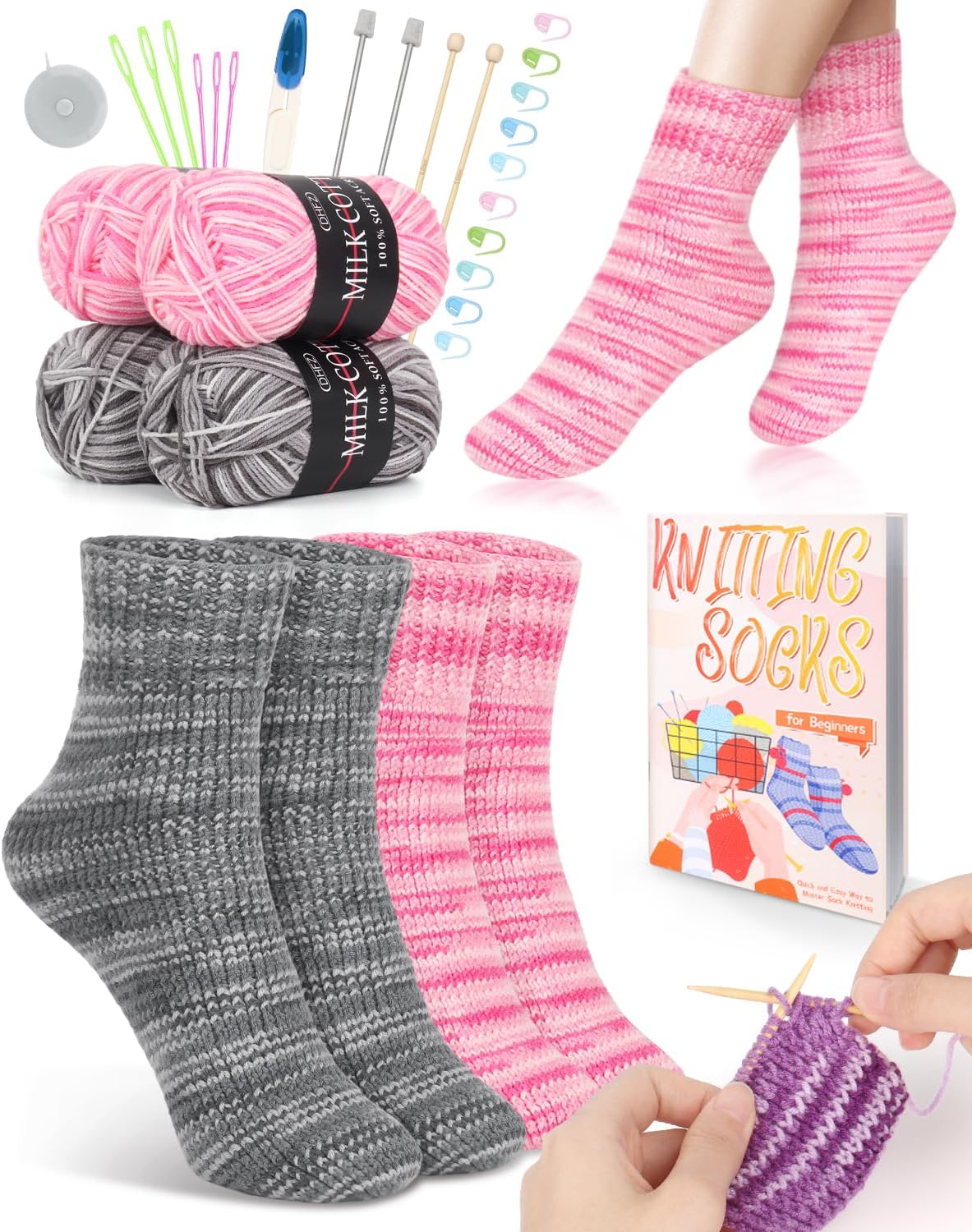 Reessy Knitting Kit for Beginners Adults, 4Pcs Socks Knitting Starter ...