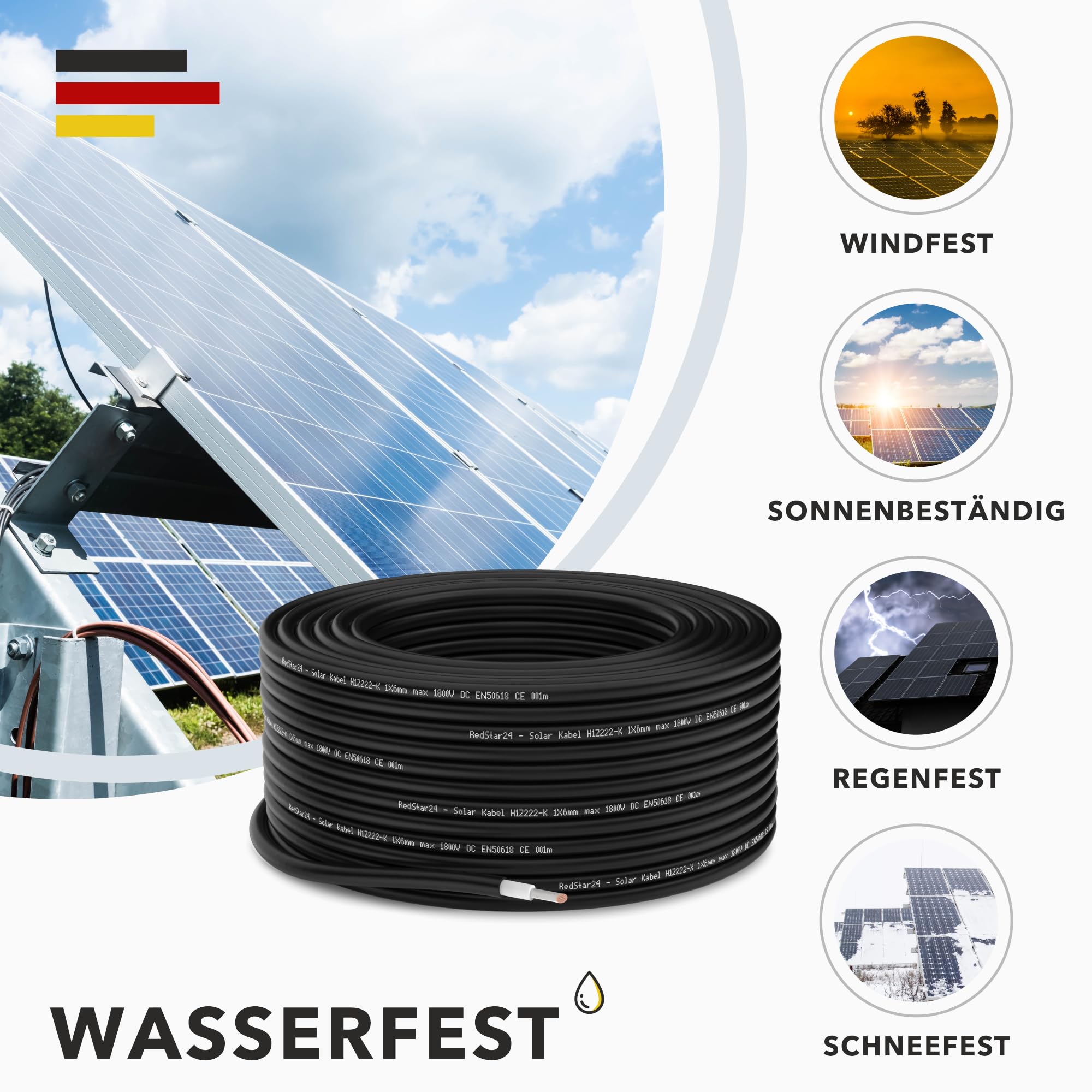 RedStar24 Solarkabel 6mm² Schwarz 20m TÜV SÜD UV-beständig Photovoltaik Kabel PV Kabel Solar Anschlusskabel