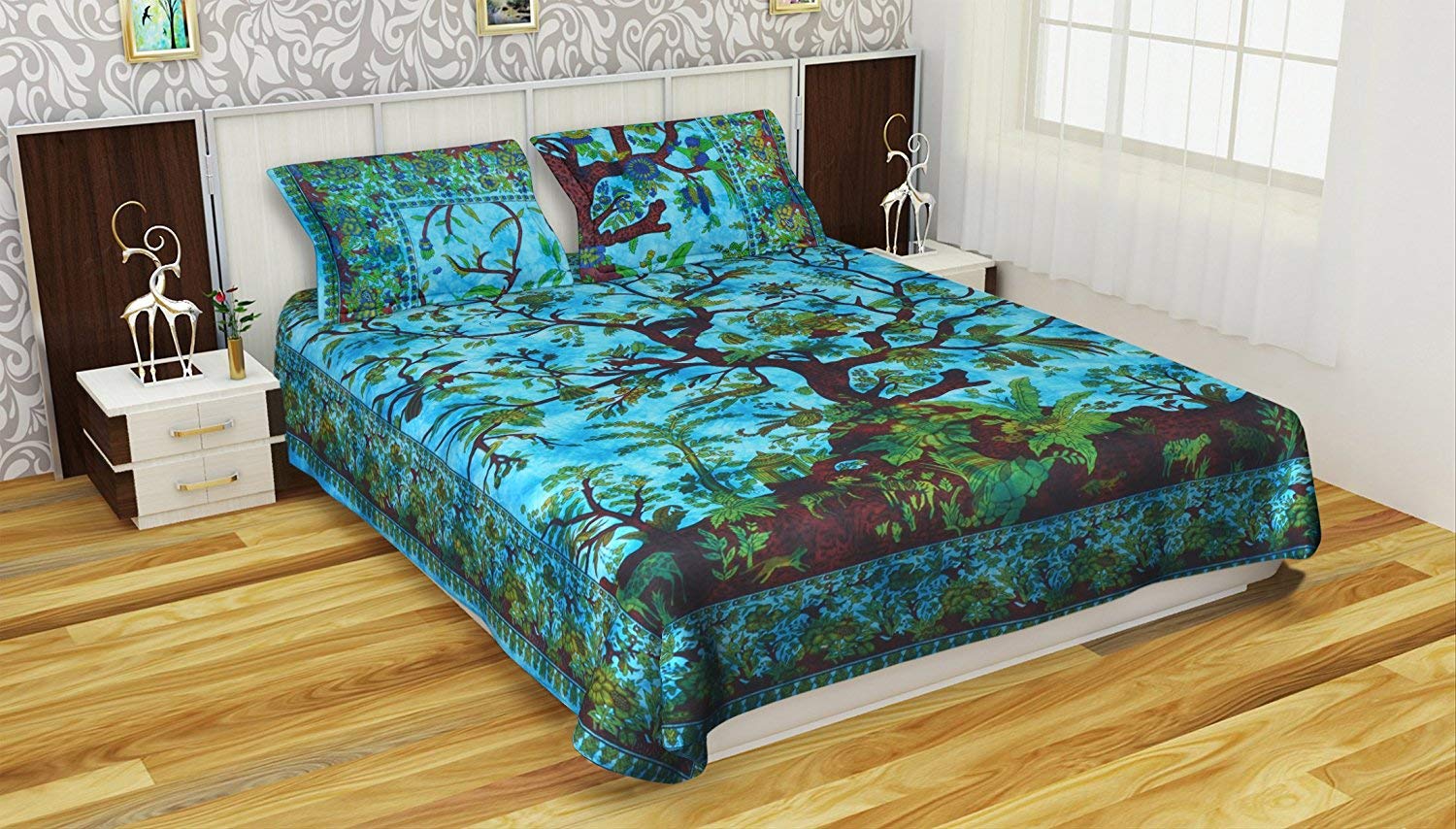 V Vedant Designs Tree of Life Cotton Queen Duvet Cover Quilt Cover Bohemian Hippie Bedspread Quilt Handmade Duvet Cover with Pilow Cover (Blue) 82X88 Inches