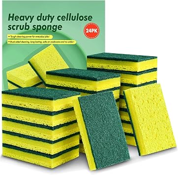 24 Pack Heavy Duty Washing Up Scrub Sponges, Multi-Purpose Kitchen Dishwashing Sponge for Efficient Stain Removal, Cellulose Scrub Sponge for Kitchen Pots, Bowls, Bathrooms, Tiles & Home Cleaning