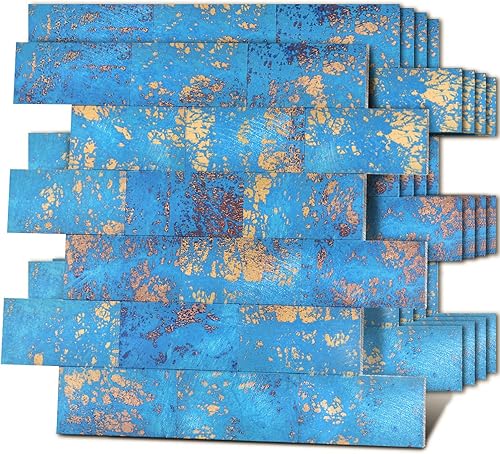 Mohepo Azulejos para salpicaduras de metro para cocina, baño, chimenea, adhesivo de metal (5 pies cuadrados, azul dorado)