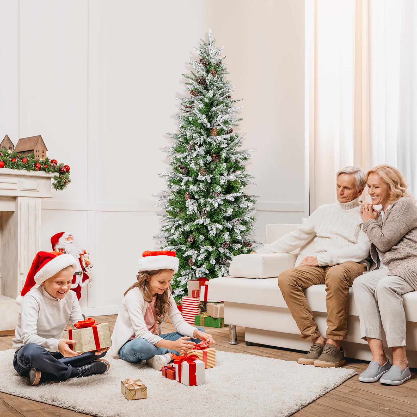 COSTWAY Arbol de Navidad Nevado 190 cm, 280 Luces Incorporadas, Arbol de Navidad Slim/Estrecho, 671 Ramas de PVC y PE, 60 Piñas, Arvore de Natal Hogar Oficina Fiesta (190cm)