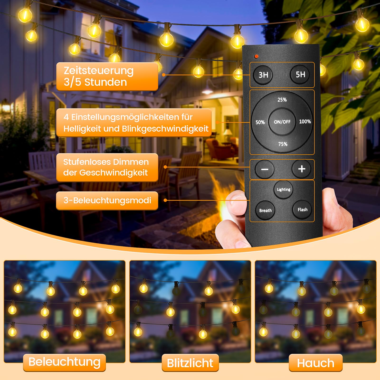 LED Lichterkette Außen Strom Fernbedienung - 60m Glühbirnen Outdoor Lichterketten Aussen Wetterfest Dimmbar Warmweiß Retro Lights Birnen für Party Terrasse Biergarten Pavillon Balkon Garten