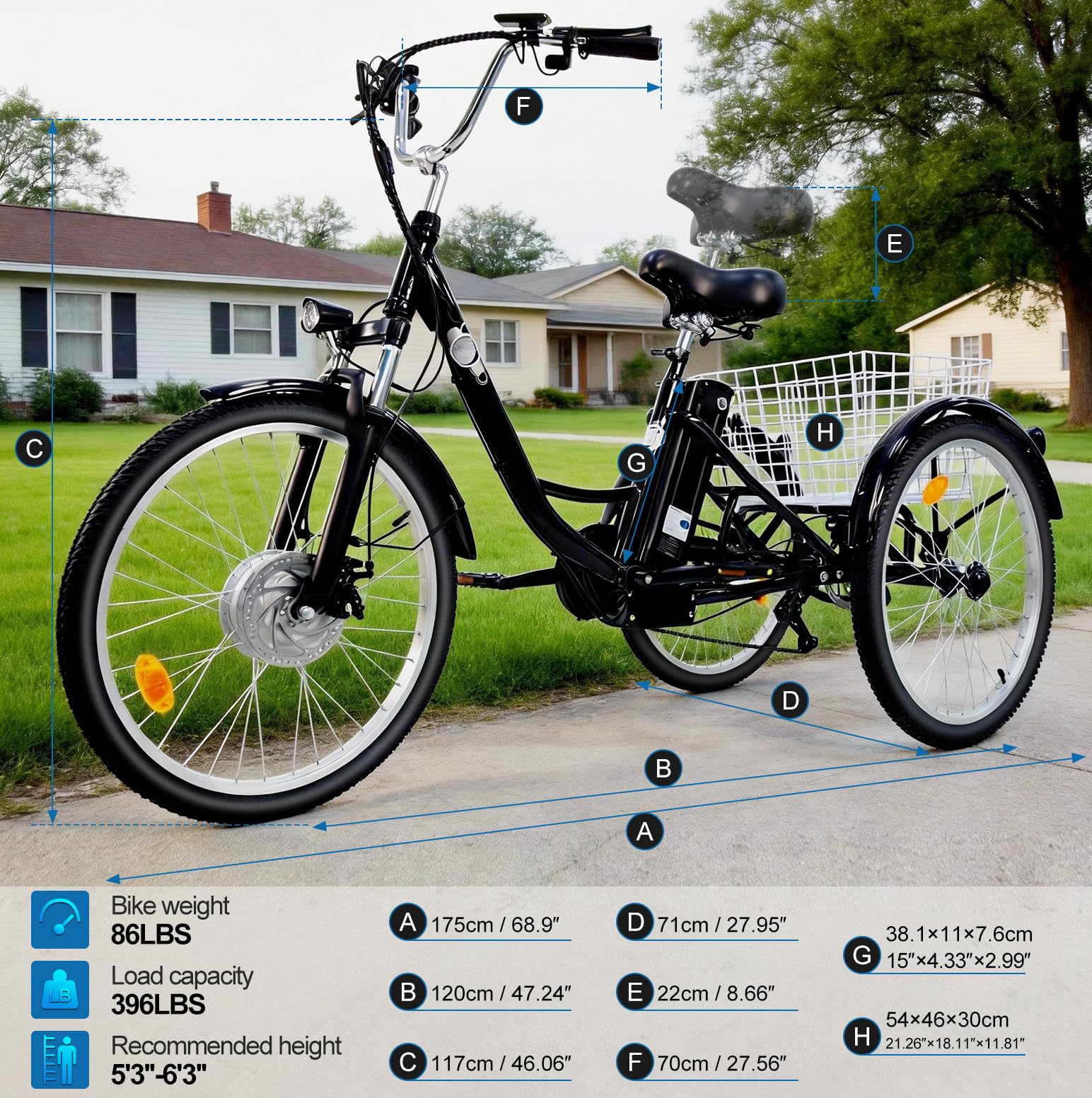 Triciclo eléctrico para adultos M300 Batería extraíble de 36 V 15 Ah Neumáticos antideslizantes y resistentes al desgaste de 24 x 2,125 pulgadas Triciclo de camping Triciclo de transporte para