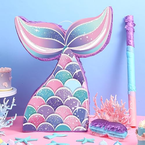 Miniatura 4 de Faccito Piñata de sirena suministros para fiesta, paquete de piñata de cola de sirena con los ojos vendados, confeti de murciélago, decoraciones de