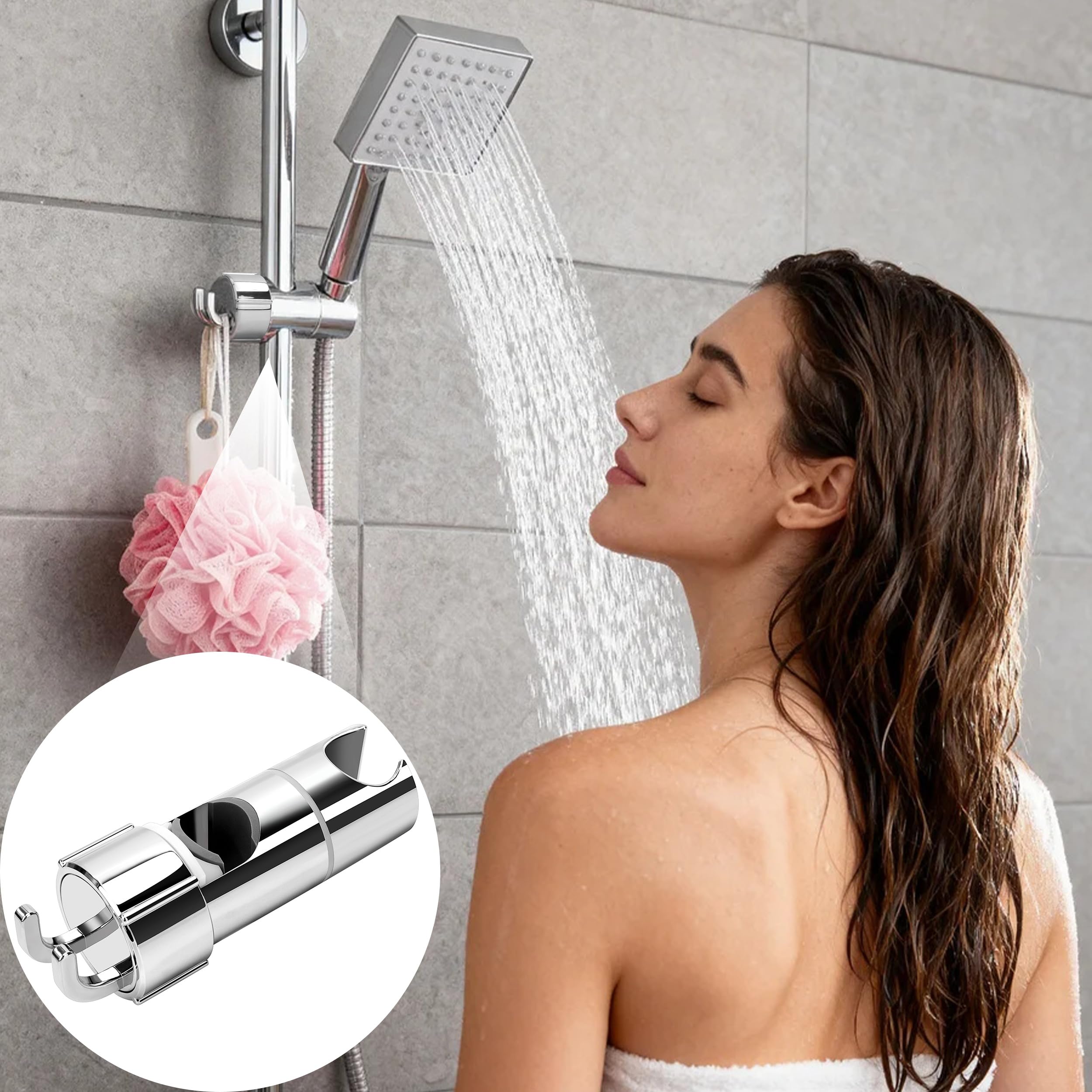 Universale Supporto Soffione Doccia con 2 Ganci, Supporto Doccia per Soffioni Doccia da 16-27 mm, per Soffione Saliscendi a Mano Bagno, Cromata, Argento