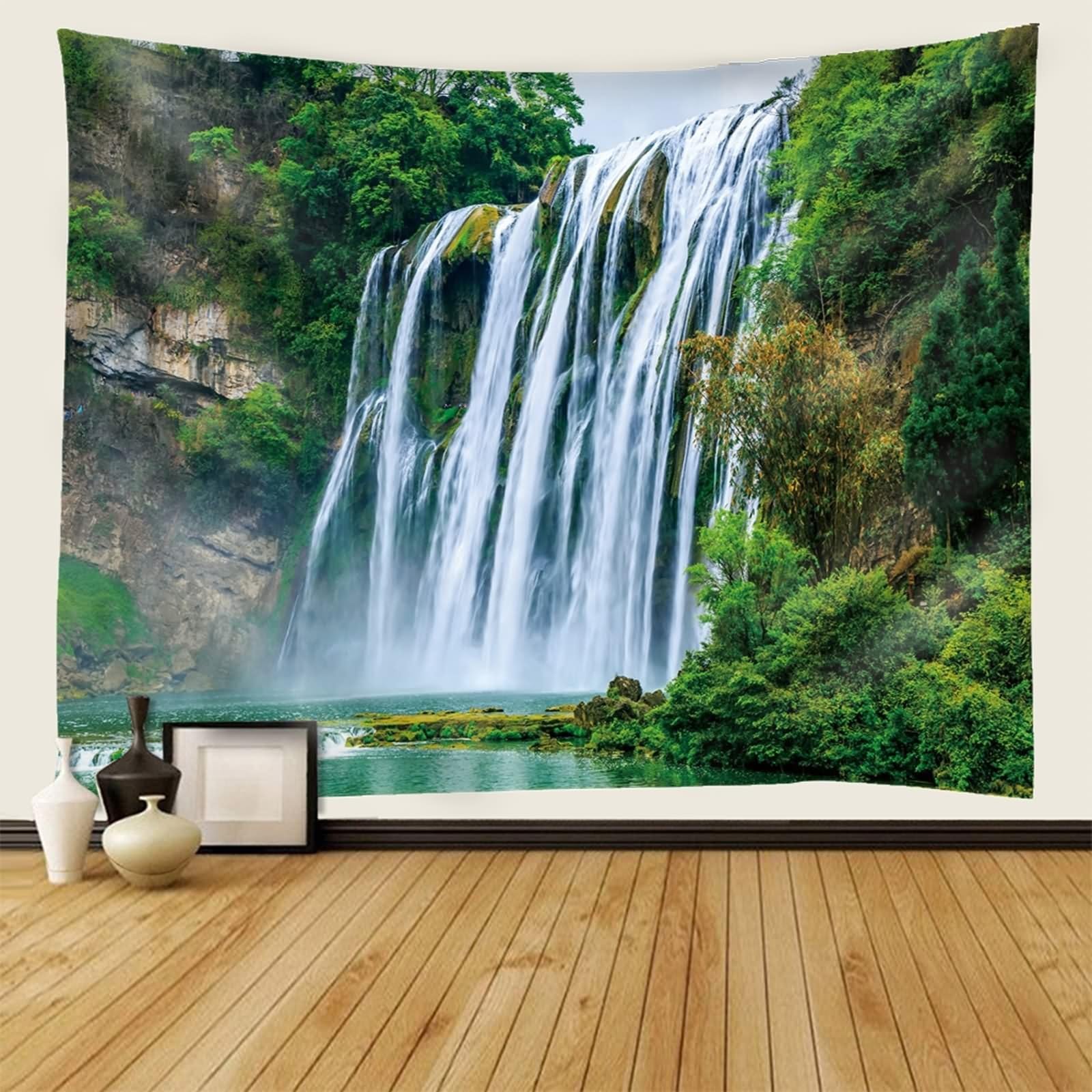 Aotiwe Zasłona ścienna, duża, do sypialni, motyw gór i wodospadu, zielony, brązowy, biały, 350 x 256 cm