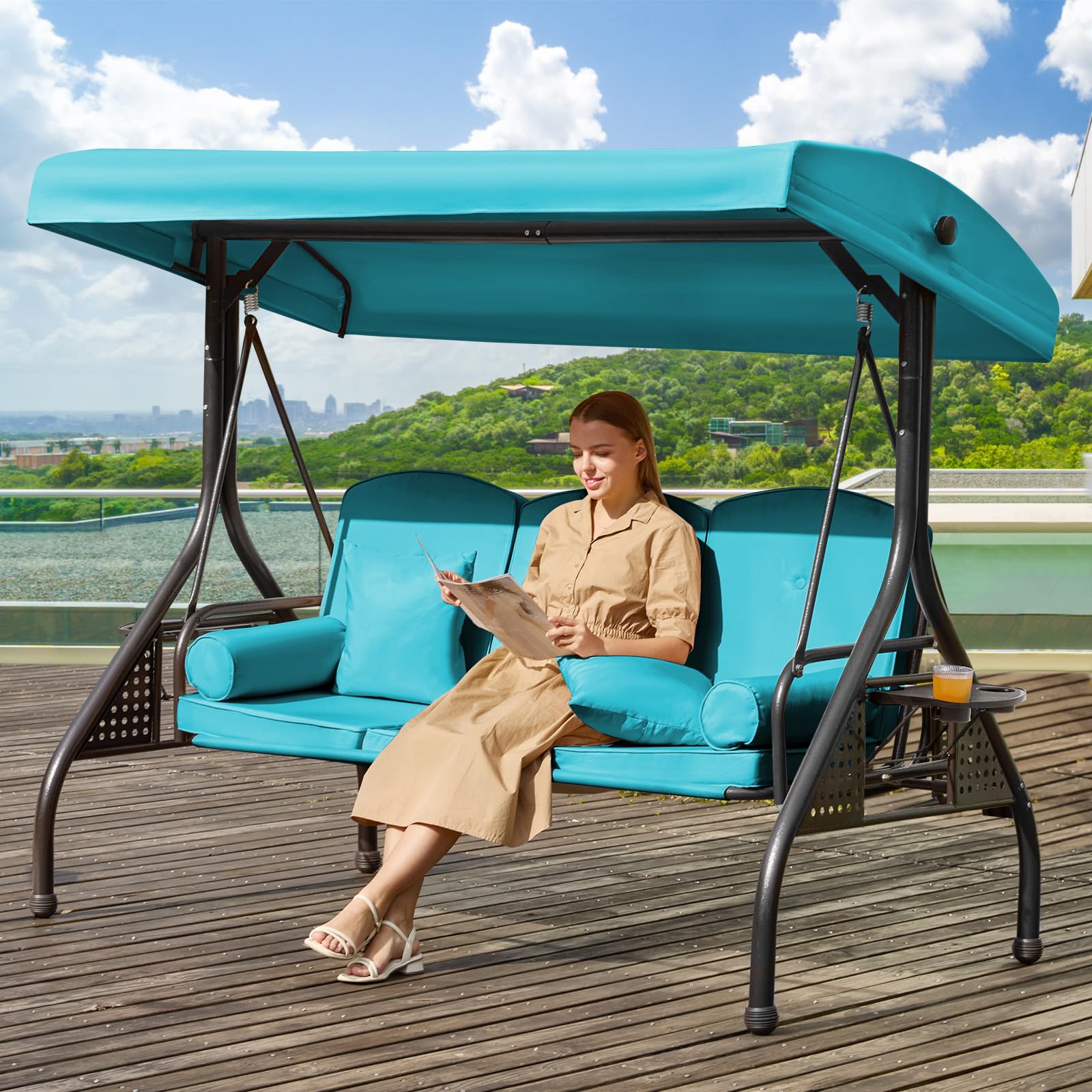 3 in 1 Outdoor Porch Swing with Adjustable Canopy, 3 Seat Outdoor Swing for Adults, Patio Swing Chair with Thickened Cushions,Pillows &amp; Cup Holders for Backyard, Porch, Garden (Lake Blue)