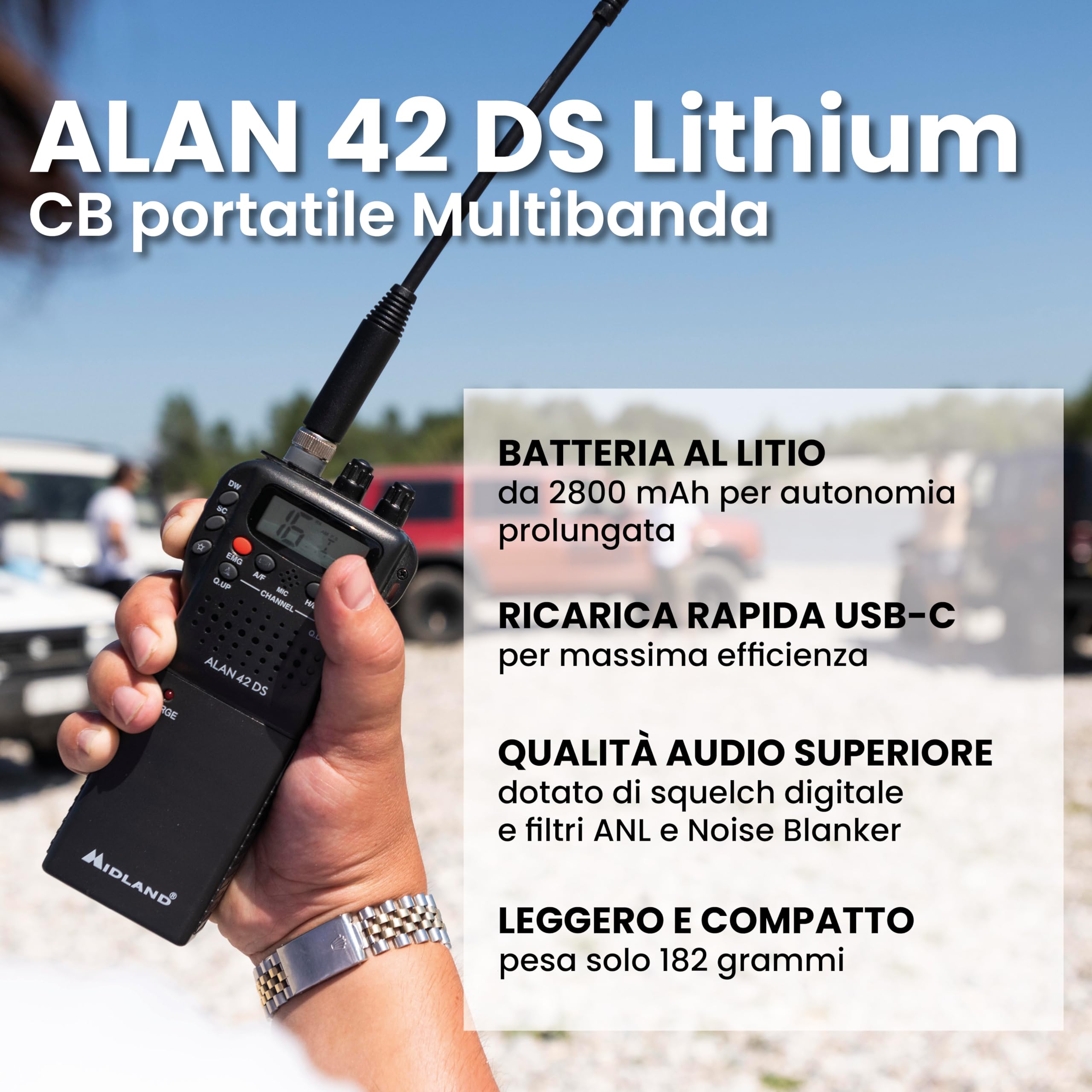 Midland - Radio CB Alan 42 DS Lithium, Ricetrasmittente Portatile AM/FM con Batteria Li-Ion 2800mAh per Durata Raddoppiata, Ricetrasmittenti Professionali Multi Banda, Squelch Digitale, Ricarica USB-C