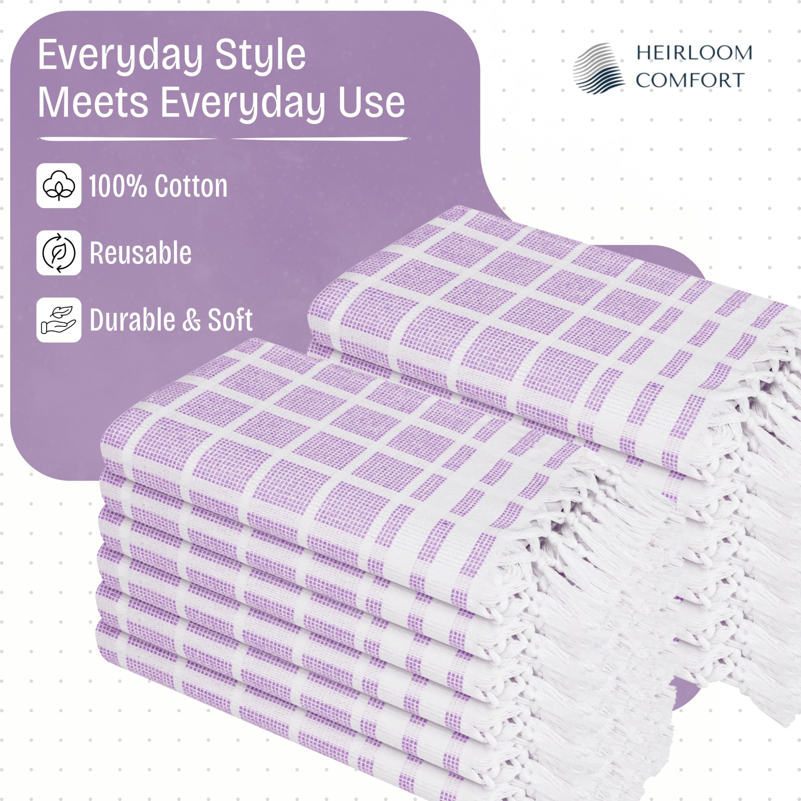 Asciugamani a matrice punteggiata bianca e lavanda 12 pezzi, 100% cotone, 40,6 x 66 cm, asciugamani decorativi con nappa, riutilizzabili, ad asciugatura rapida e assorbenti per uso in