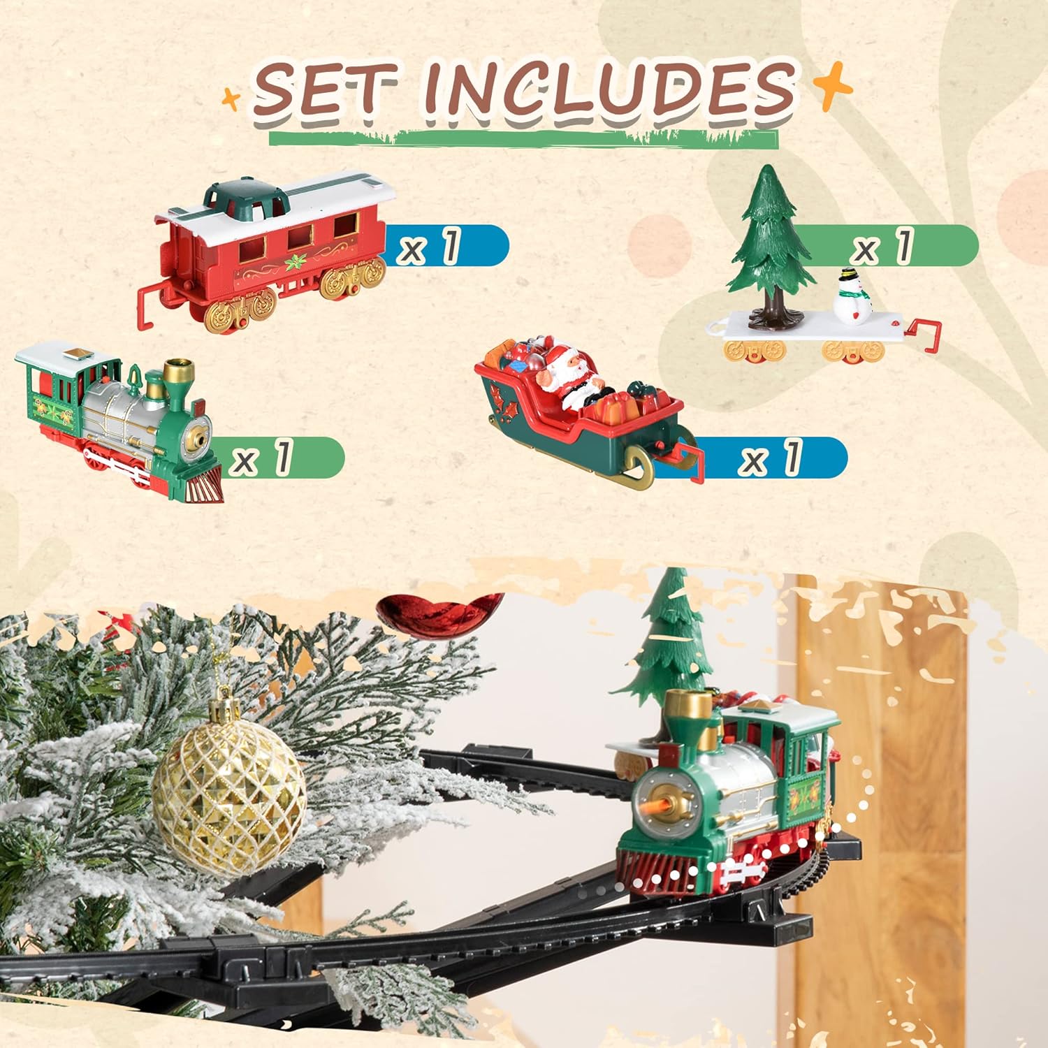 Components of the Qaba Christmas Train Set including engine, cars, and track sections.