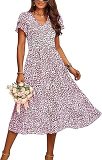 Women Casual Summer Short Ruffles Tiered Sleeve Smocked Midi Dresses Bohemian Floral V Neck Wedding Guest Long Dresses