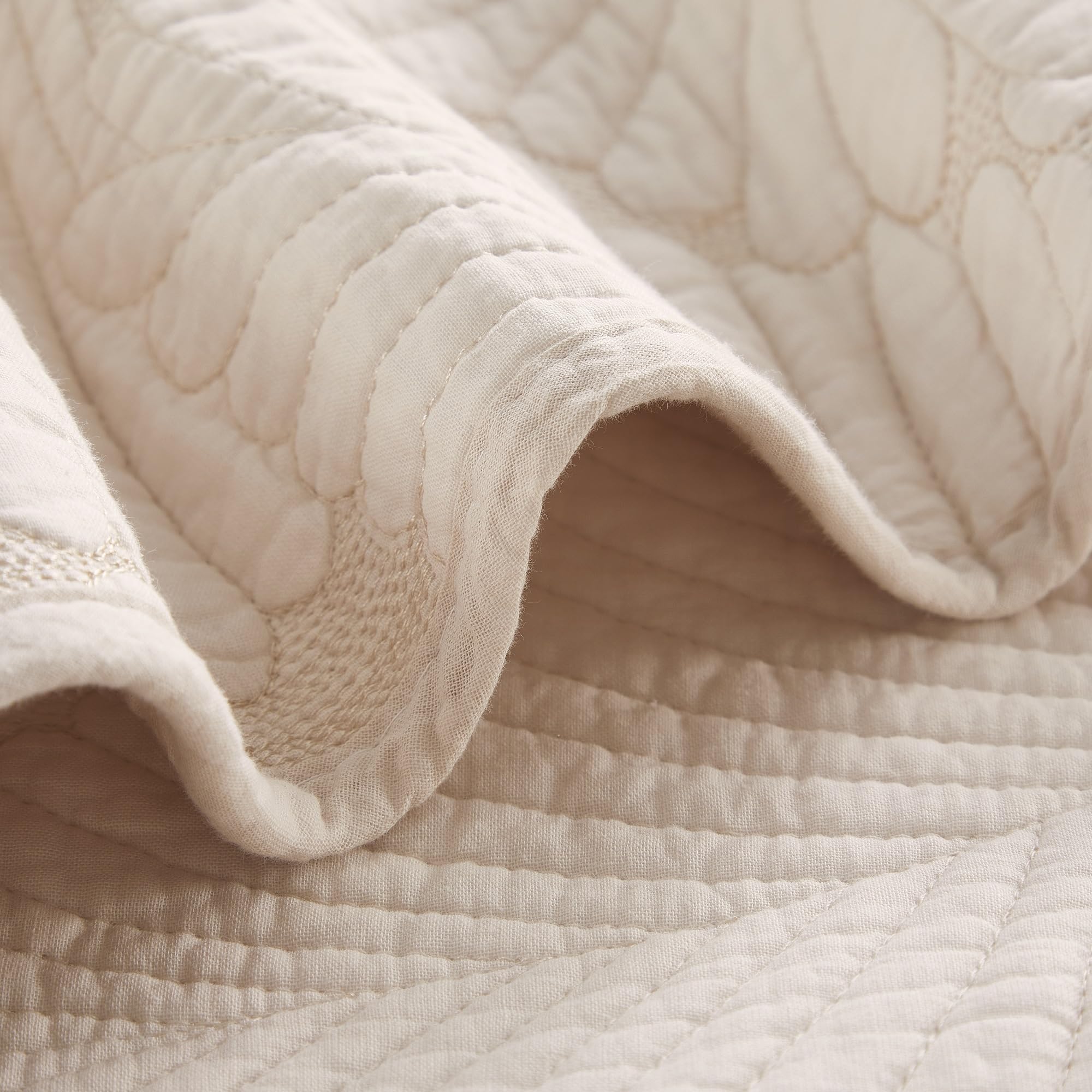 Unimall Tagesdecke Baumwolle Bettüberwurf Set Natur Pflanzen Muster Doppelbett 2X Kissenbezug Shabby Chic 230×250cm, Beige