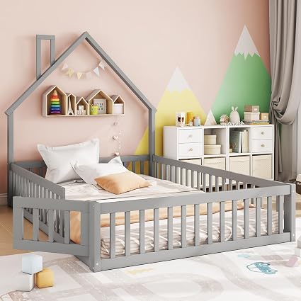 OOIILLEE — Lit cabane Montessori 140 × 200 gris avec cheminée