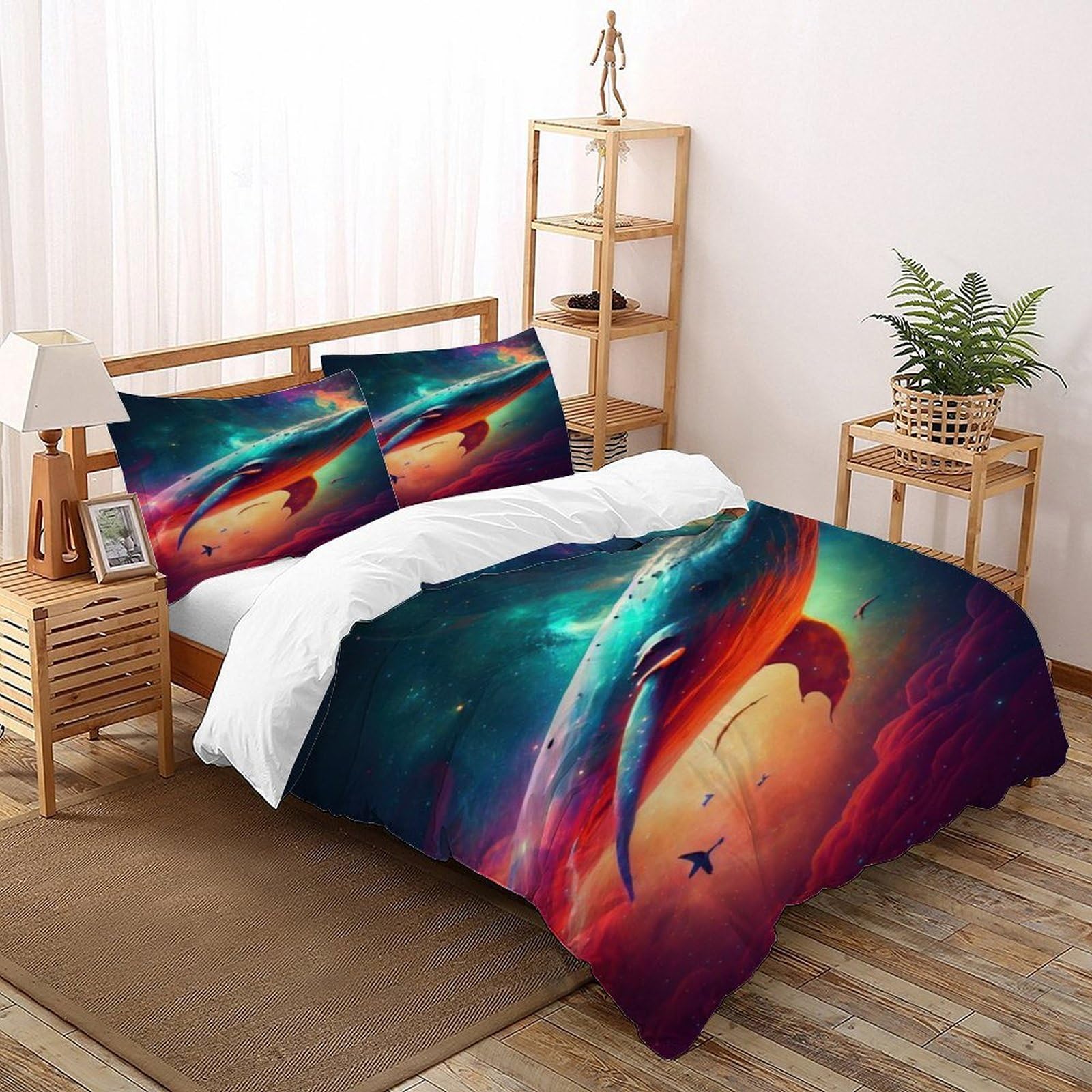 Whale Galaxy Bedding Set Theme Bedspread Animal Theme Wildlife Marine Animal Duvet Cover Set Microfiber Comforter Cover Universal for All Seasons Pillowcase Super King（260x220cm）