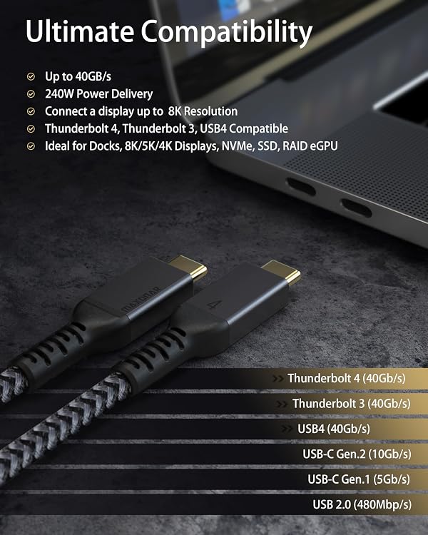 Maxonar 10FT Long Thunderbolt 4 Cable, 40Gbps Sync, 240W Charging, 8K/5K Display, All-in-One Cable Replaces Multiple Cables for 2026 Studio Display, MacBook, SSD, Docking by Maxonar - Image 2