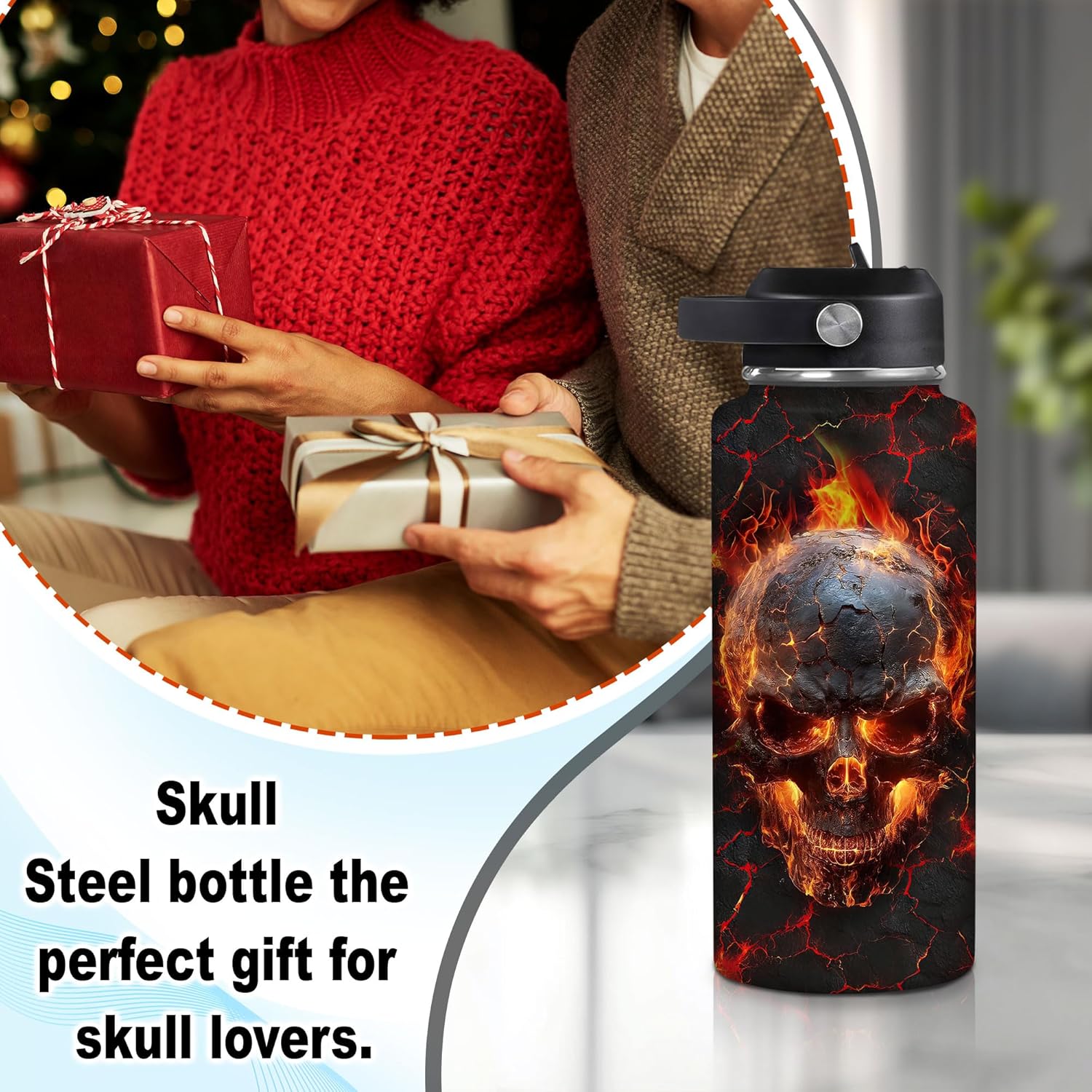 Hyturtle Personalized Skull Steel Bottle - Custom Name Travel Insulated Stainless Steel Bottle with Leak-Proof Lid 18 oz 32 oz - Skull Gifts For Women Girls Her Skull Lovers On Birthday, Christmas