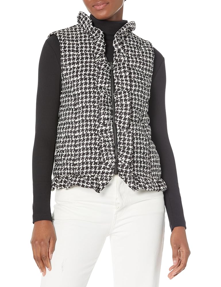 Zip Front Ruffle Trim Quilted Vest, Black Print, L at Amazon