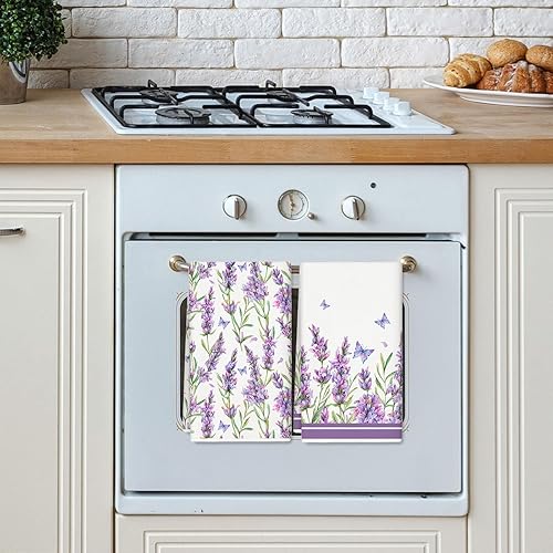 Miniatura 7 de AnyDesign - Toalla de cocina lavanda con diseño floral de mariposa púrpura, 18 x 28 pulgadas, toalla de té de secado a mano con flores de acuarela